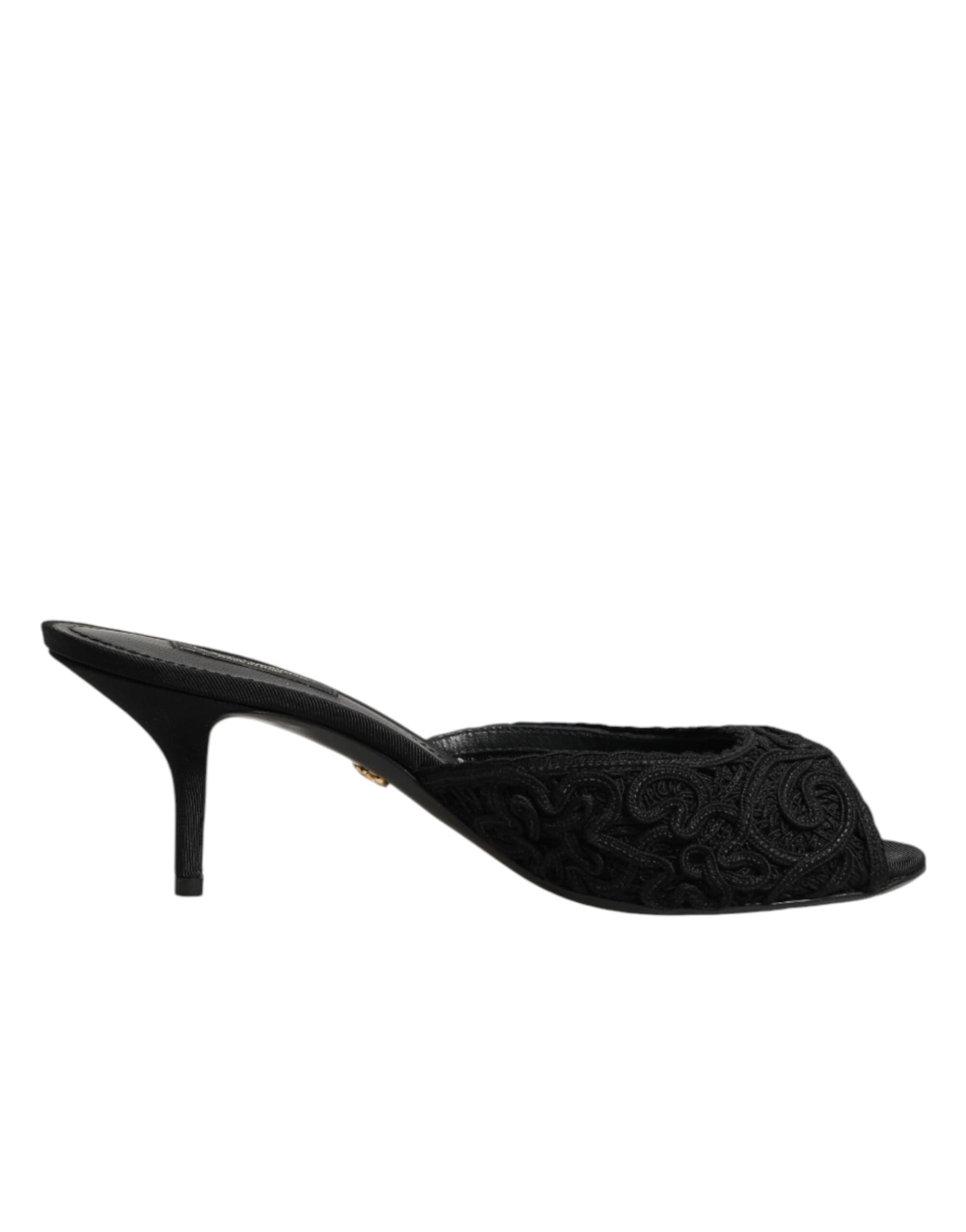 Dolce & Gabbana Black Embroidered Slip On Heels Slides Shoes - 7