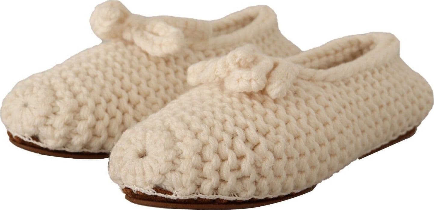 Dolce & Gabbana White Slip On Ballerina Flats Wool Knit Shoes - 2