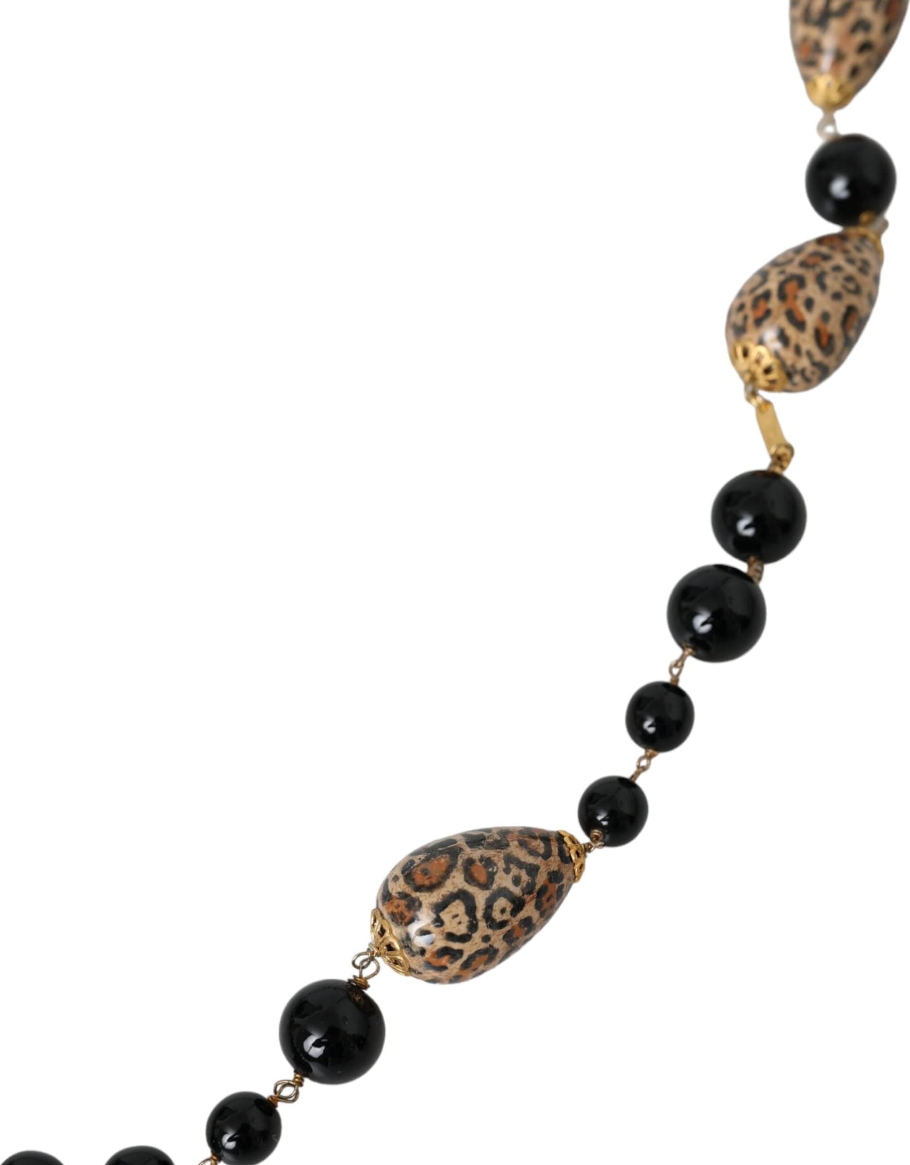 Dolce & Gabbana Gold Tone Brass Black Printed Beaded Long Chain Necklace - 3
