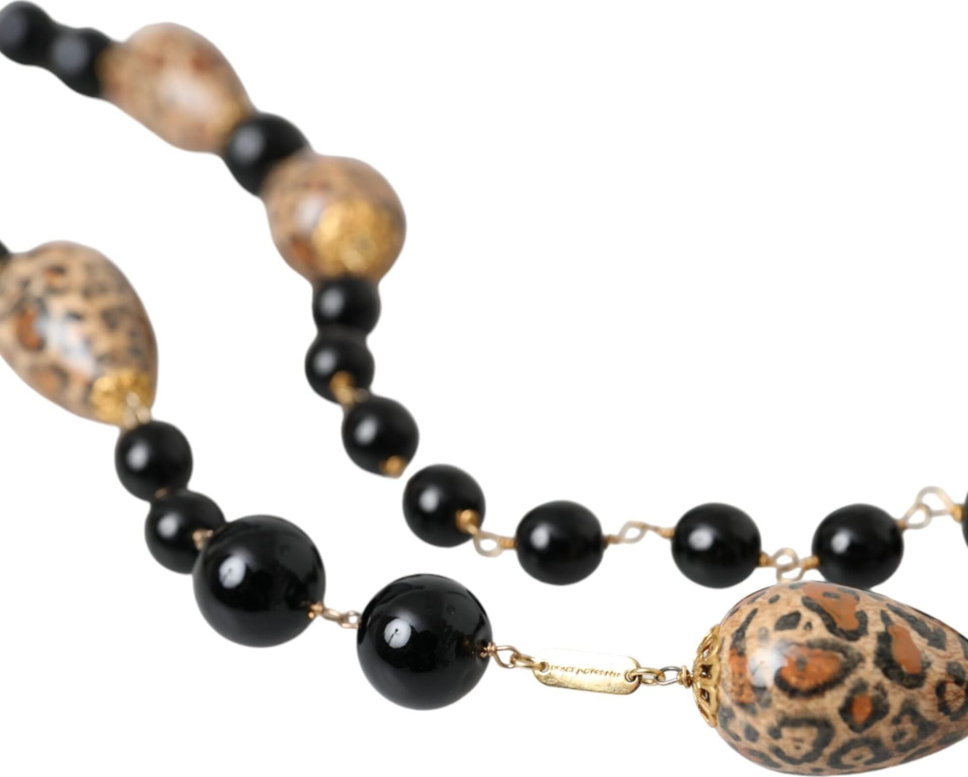 Dolce & Gabbana Gold Tone Brass Black Printed Beaded Long Chain Necklace - 4