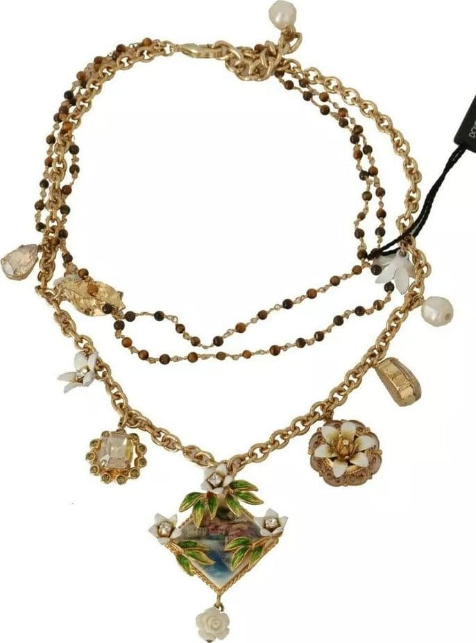 Dolce & Gabbana Gold Brass Crystal Floral Statement Charms Necklace - 4