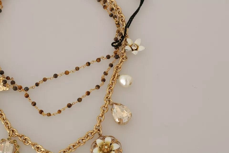 Dolce & Gabbana Gold Brass Crystal Floral Statement Charms Necklace - 7