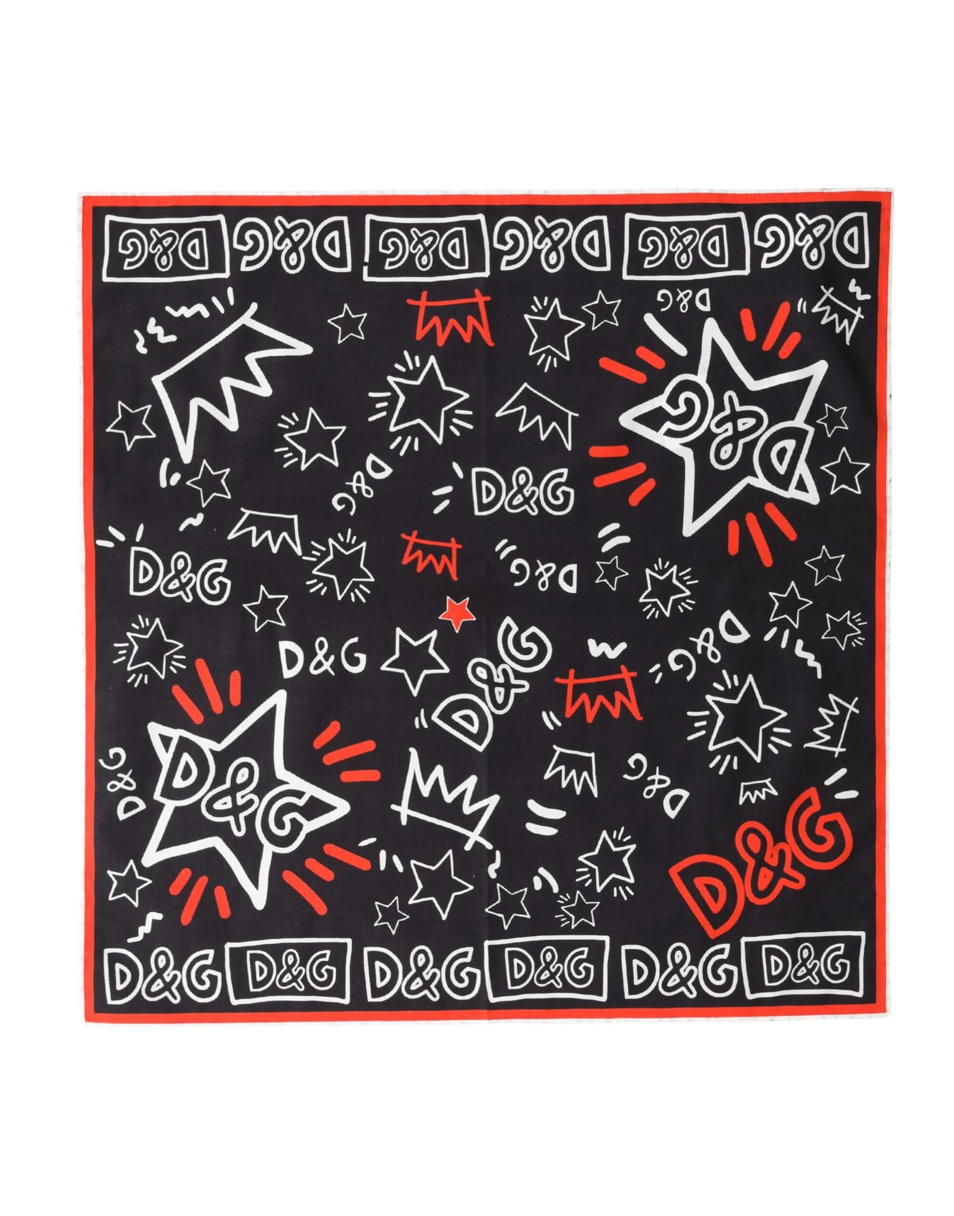 Dolce & Gabbana Black White Red DG Crown Cotton Foulard 47cm x 46cm Scarf - 2