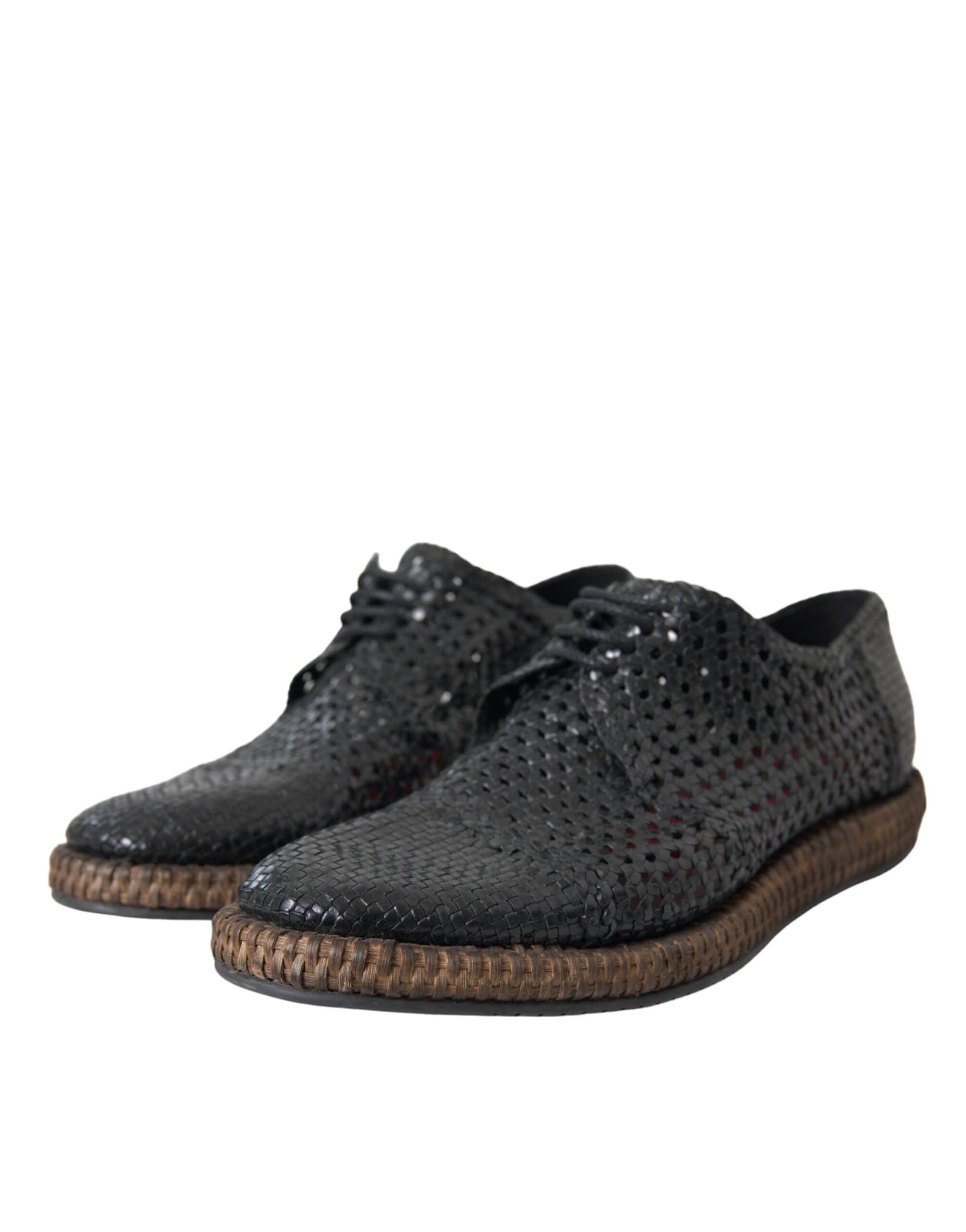 Dolce & Gabbana Black Woven Goat Leather Lace Up Derby Shoes - 2