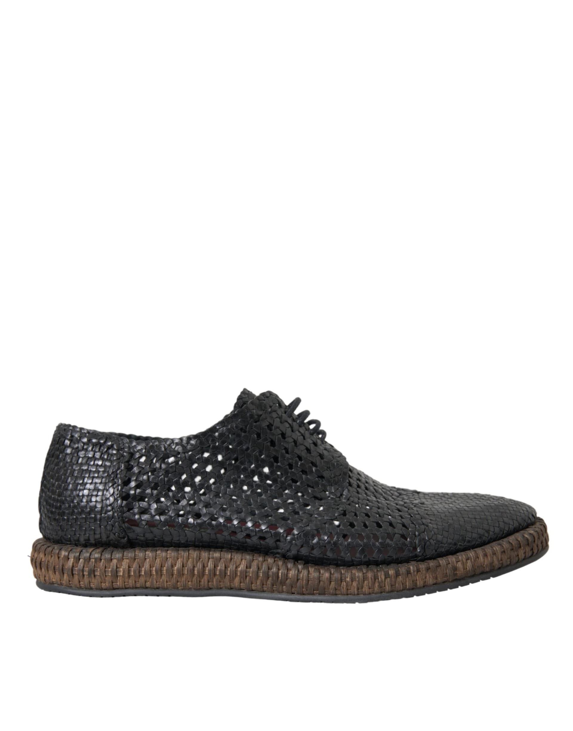 Dolce & Gabbana Black Woven Goat Leather Lace Up Derby Shoes - 5