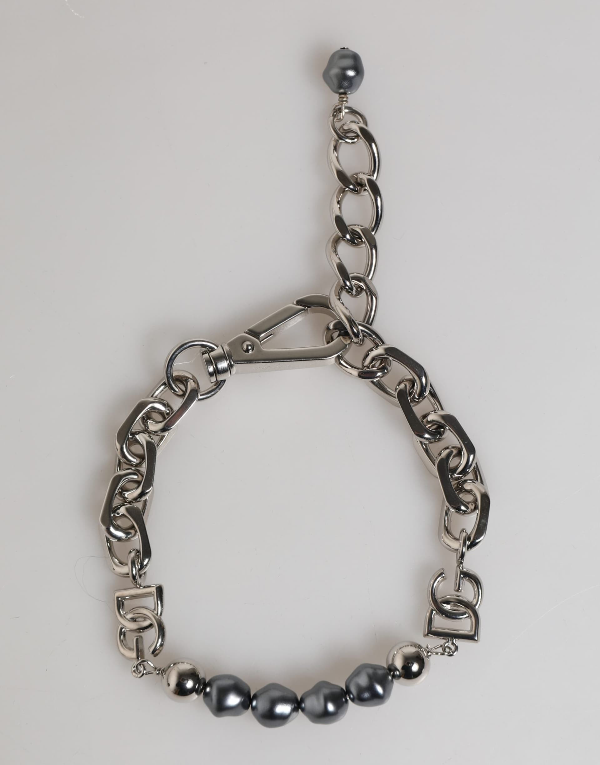 Dolce & Gabbana Silver Tone Chain Lobster Clasp Logo Gray Pearls Bracelet - 2