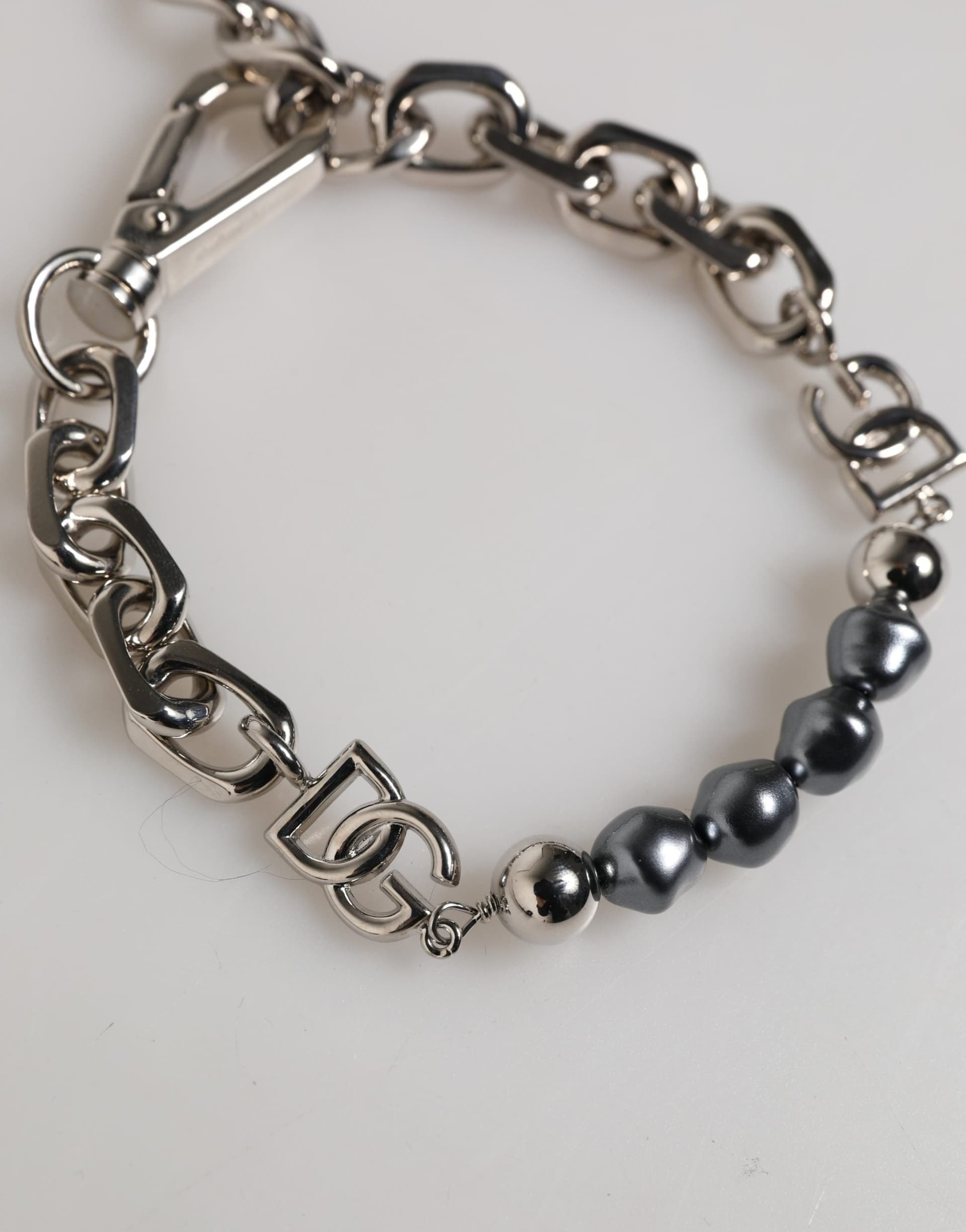 Dolce & Gabbana Silver Tone Chain Lobster Clasp Logo Gray Pearls Bracelet - 3