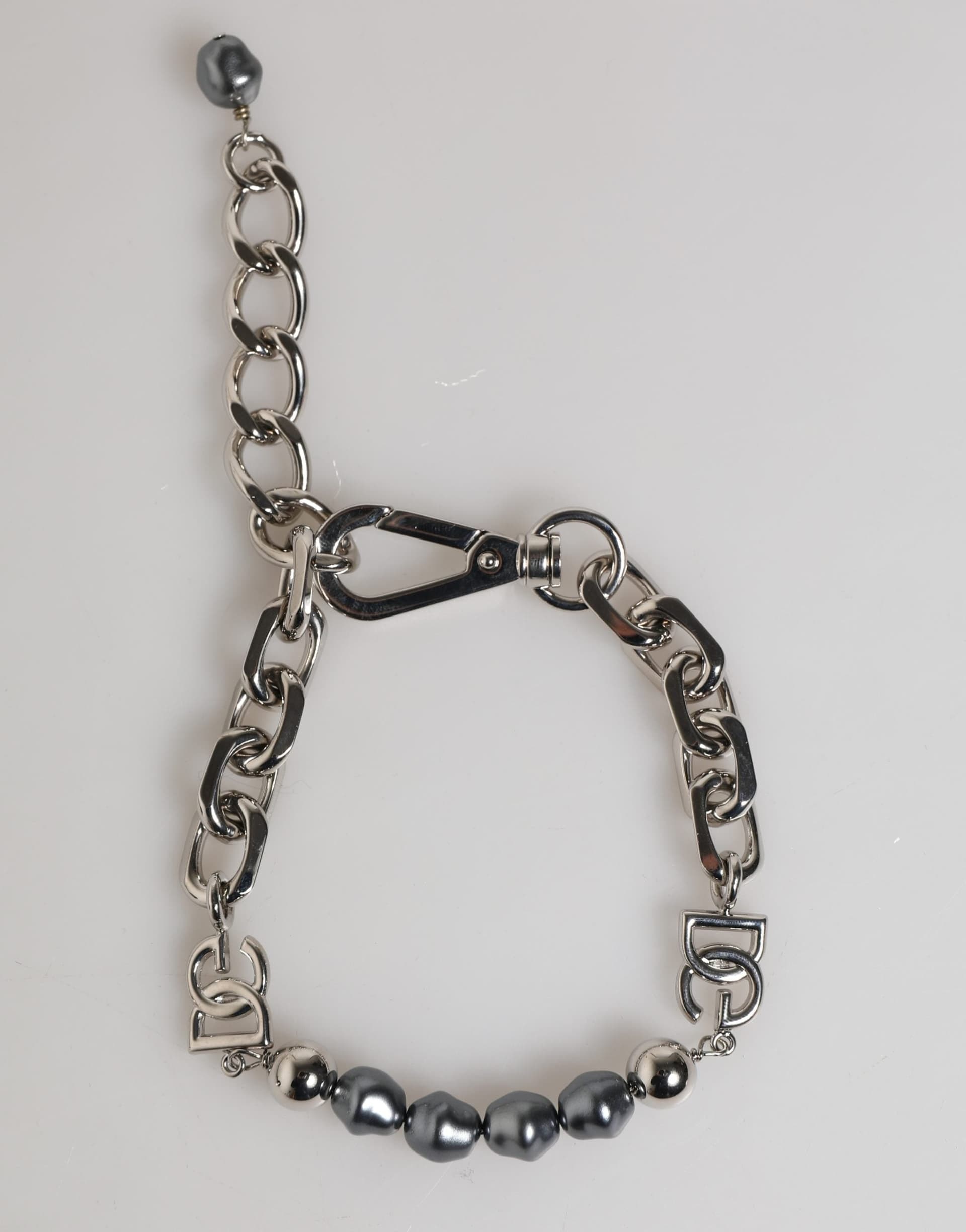 Dolce & Gabbana Silver Tone Chain Lobster Clasp Logo Gray Pearls Bracelet - 5
