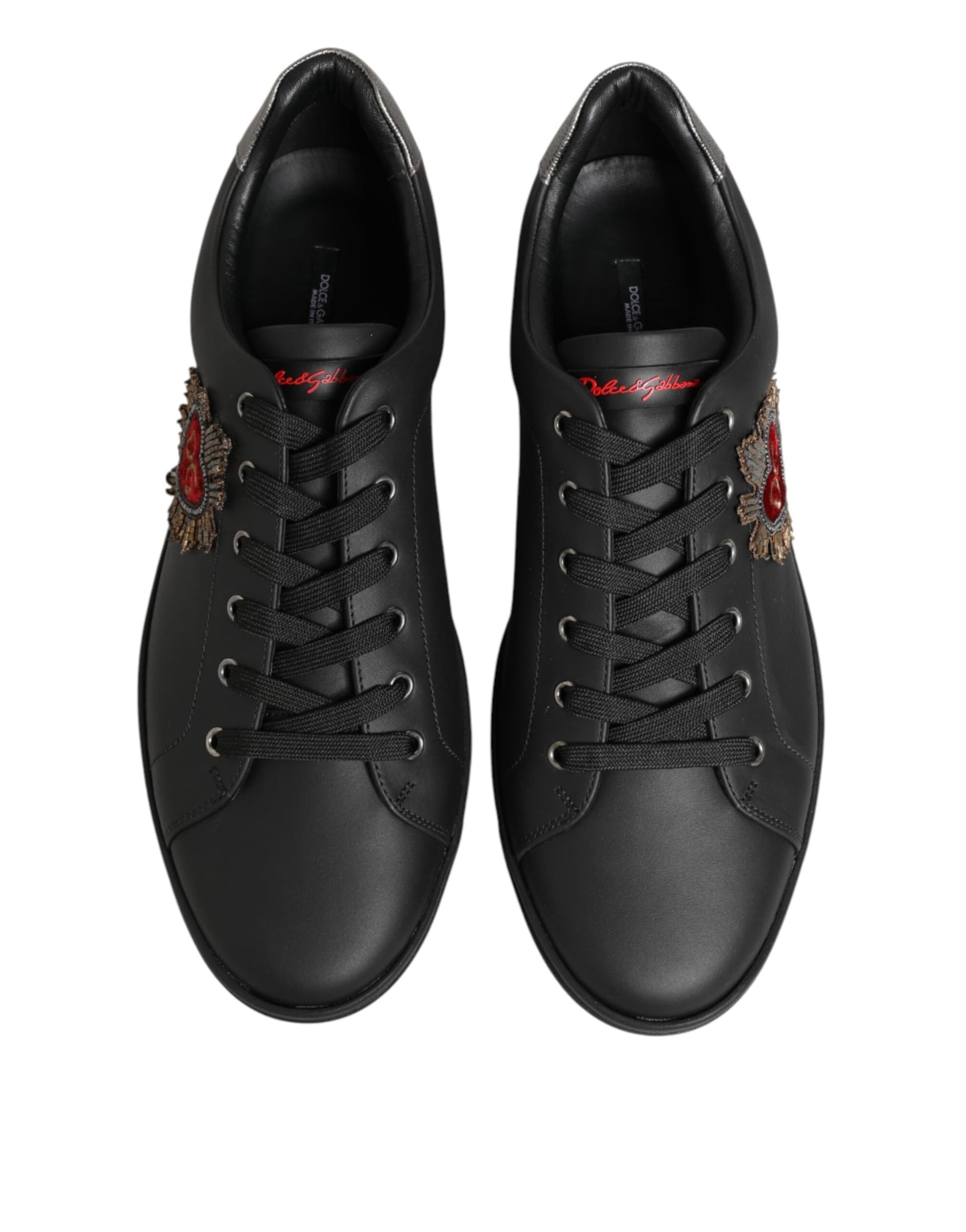 Dolce & Gabbana Black Leather Heart Embellished Sneakers Shoes - 2