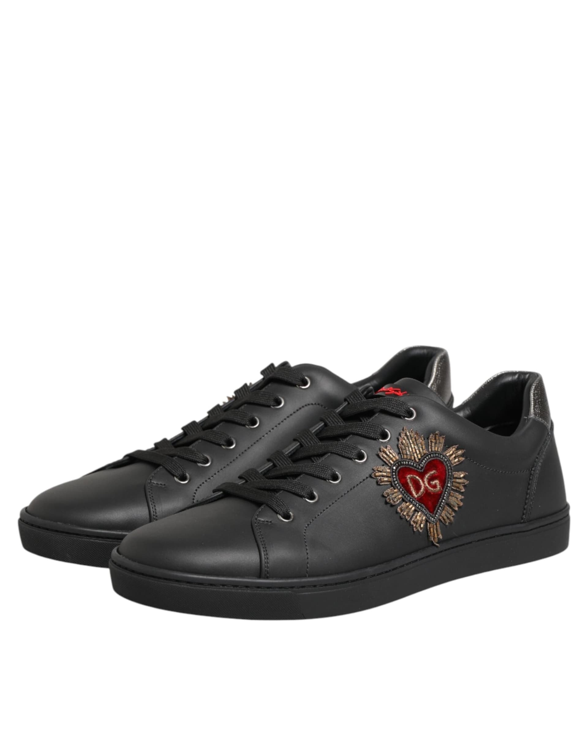 Dolce & Gabbana Black Leather Heart Embellished Sneakers Shoes - 3