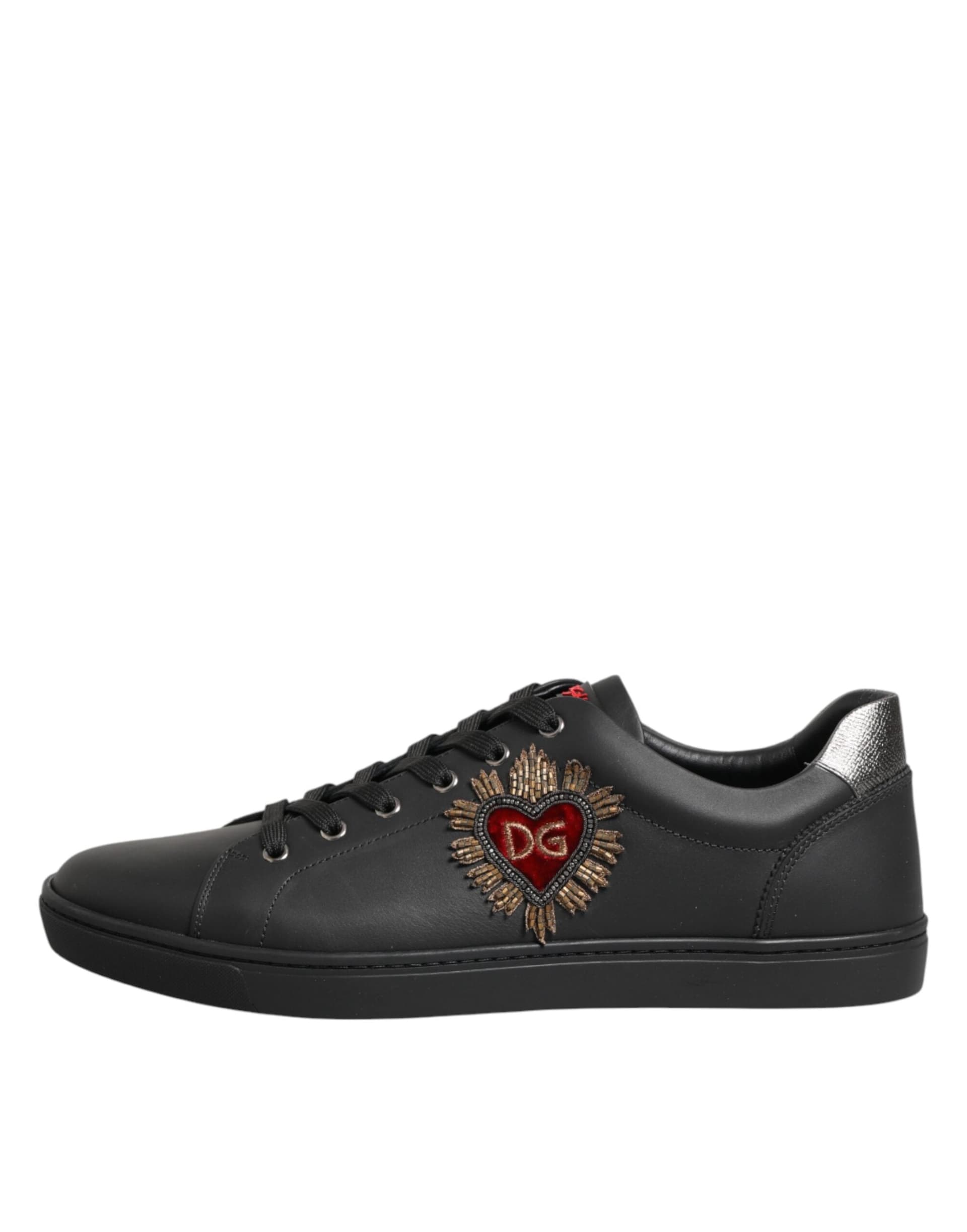 Dolce & Gabbana Black Leather Heart Embellished Sneakers Shoes - 5