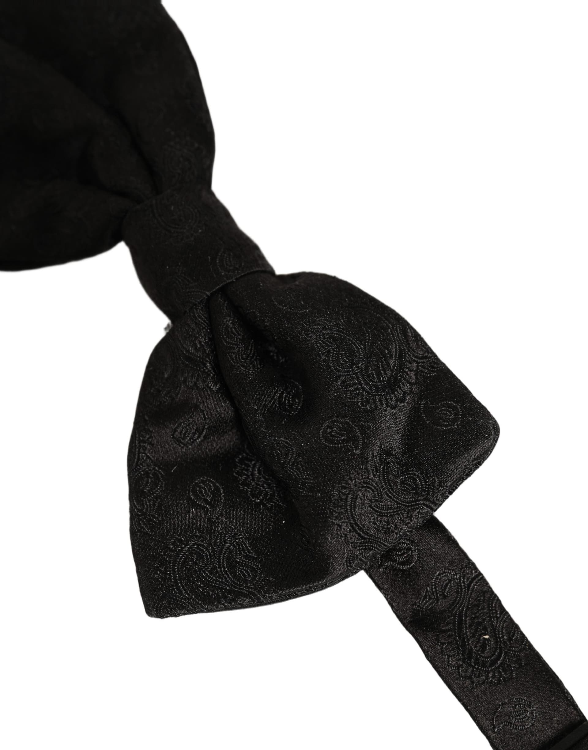 Dolce & Gabbana Men Black Paisley Silk Adjustable Neck Papillon Bow Tie - 4