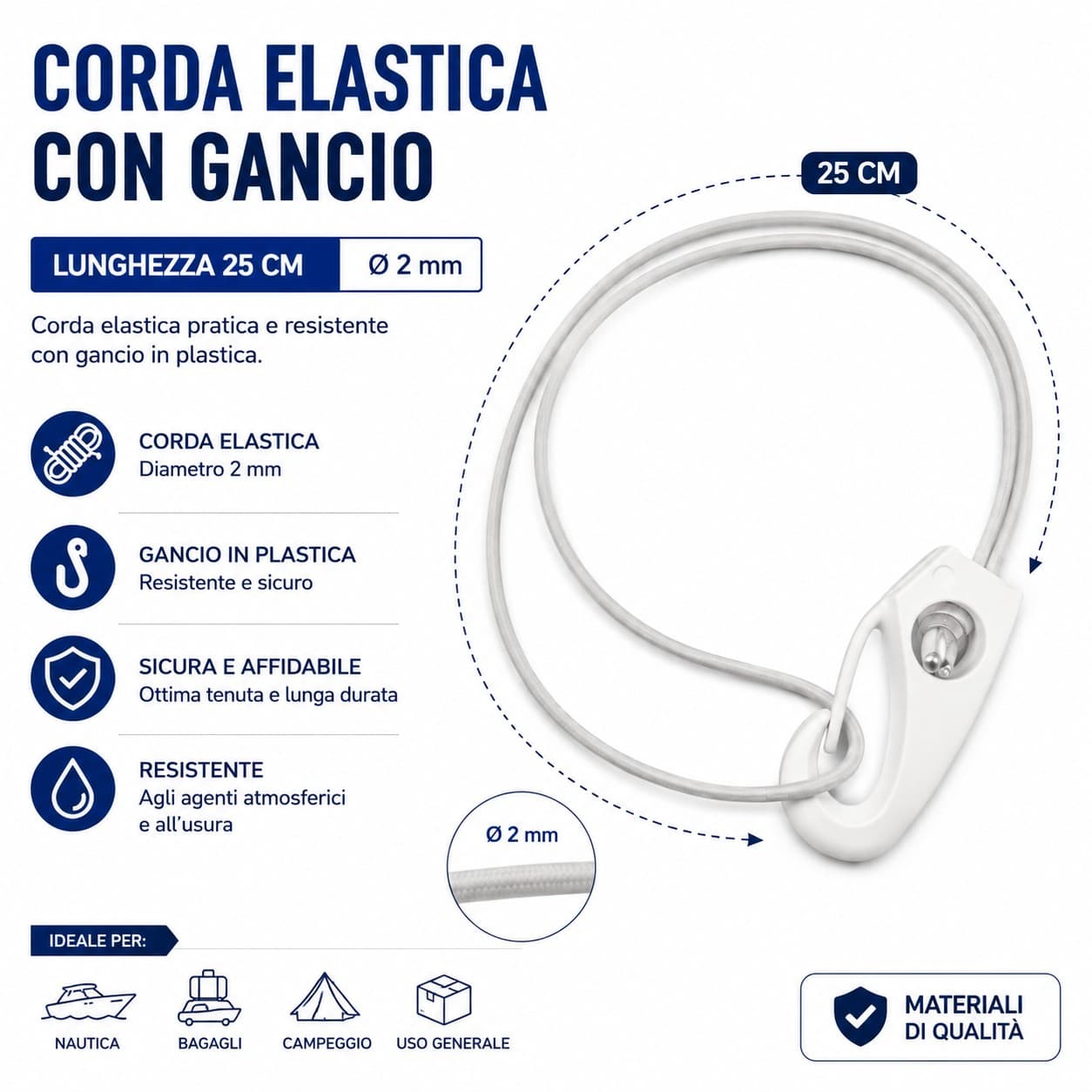 CORDA ELASTICA MM.2 X CM 25 GANCI  NYLON COMPOSTA