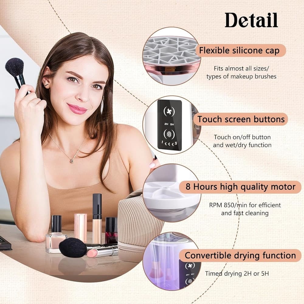 PULITORE ELETTRICO PER PULIZIA PENNELLI TRUCCO CON ASCIUGATRICE 3IN1 AUTOMATICO PORTATILE - 6