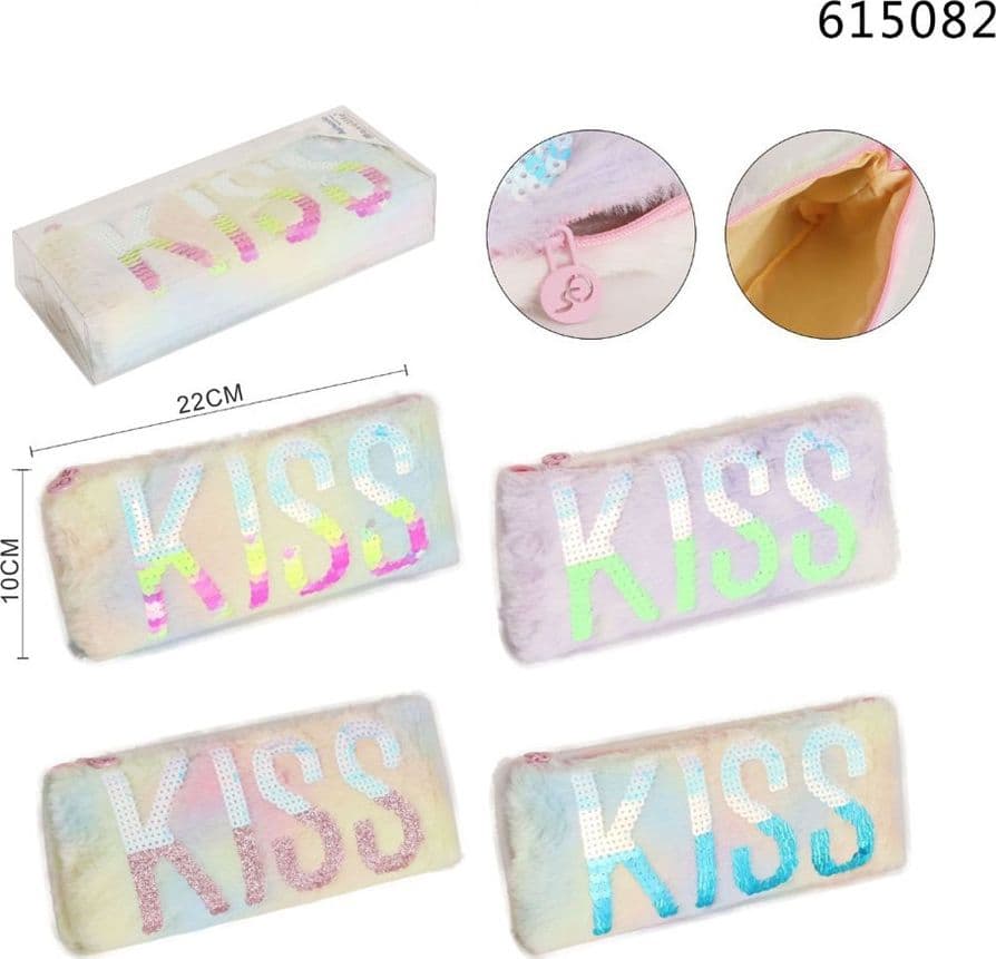 ASTUCCIO PENNE MATITE MULTIFUNZIONE DESIGN PELUCHE SCRITTA KISS PAILLETTES 22X10CM 615082 - 2