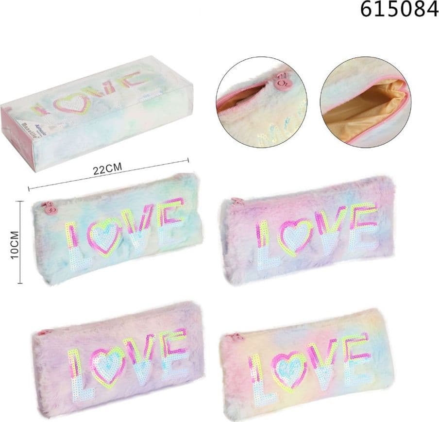 ASTUCCIO PENNE MATITE MULTIFUNZIONE DESIGN PELUCHE SCRITTA LOVE PAILLETTES 22X10CM 615084 - 2