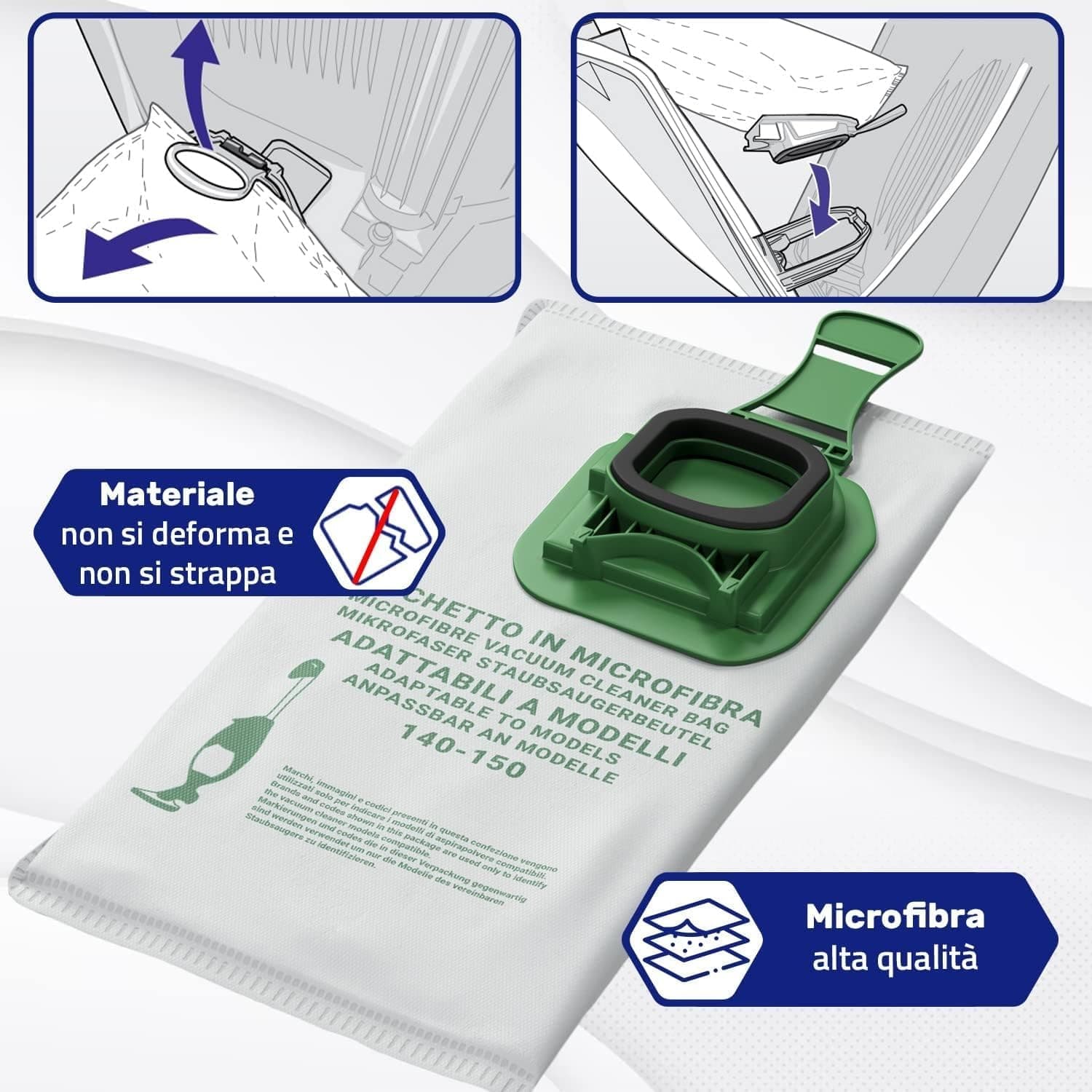 set sacchetti folletto vk140 e vk150, ricambi compatibili,  pz 6   microfibra - 2