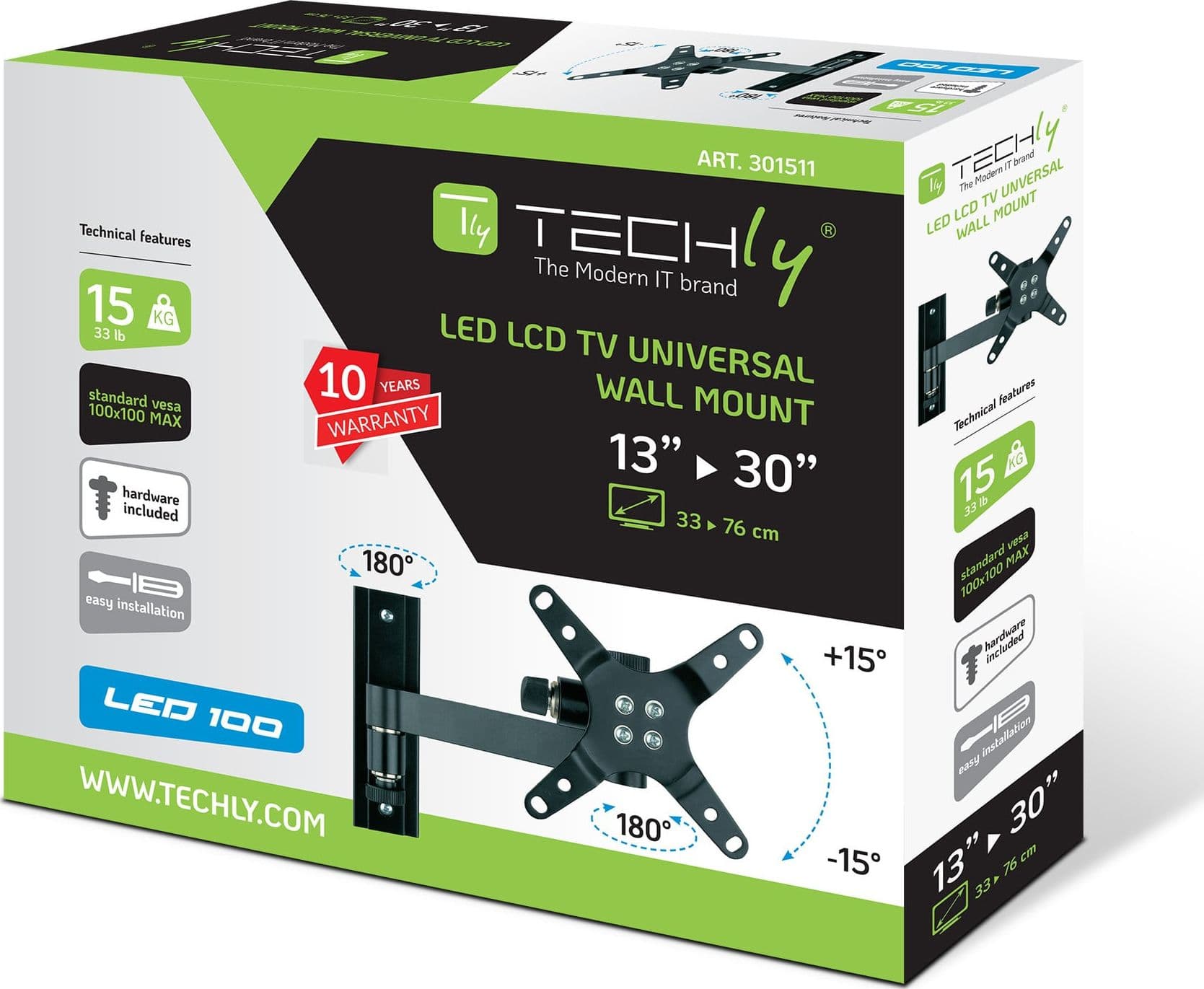 Supporto a muro per TV LED LCD 13-30'' inclinabile 2 snodi nero - 2