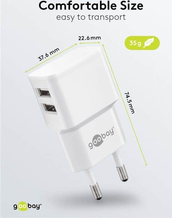 Caricatore da Muro 2 porte USB-A Slim Design 12W Bianco - 2