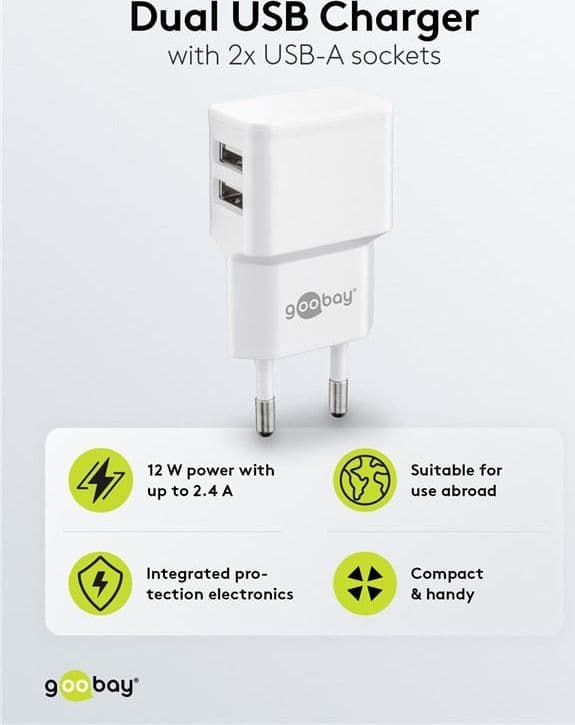 Caricatore da Muro 2 porte USB-A Slim Design 12W Bianco - 5
