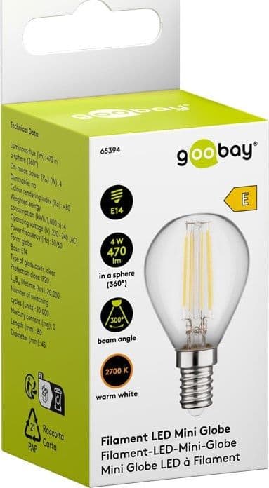 Lampadina Mini Globo E14 a Filamento Bianco Caldo 4W, Classe E - 2