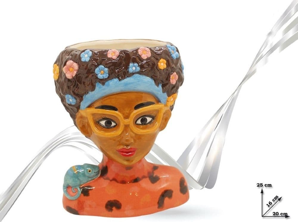 VASO PORTAPIANTA STATUA DONNA CON OCCHIALI GIALLI IN CERAMICA COLORATA 20X16X25HCM 9013649 - 2