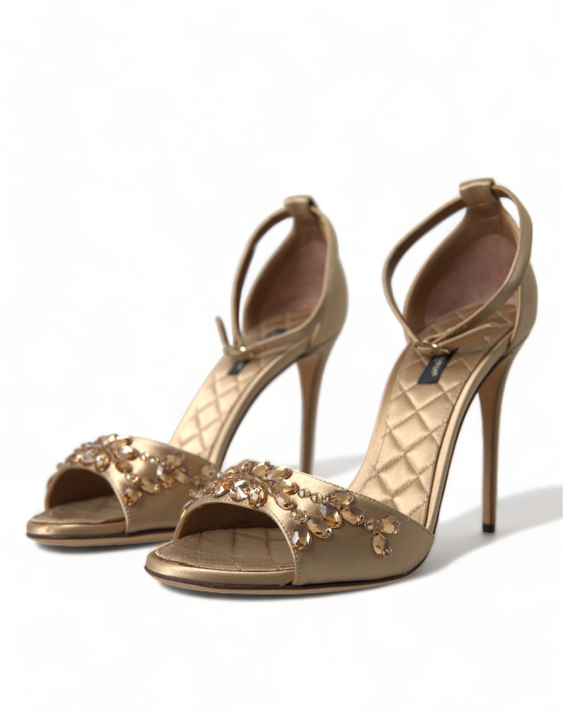 Dolce & Gabbana Gold Satin Ankle Strap Crystal Sandals Shoes - 5