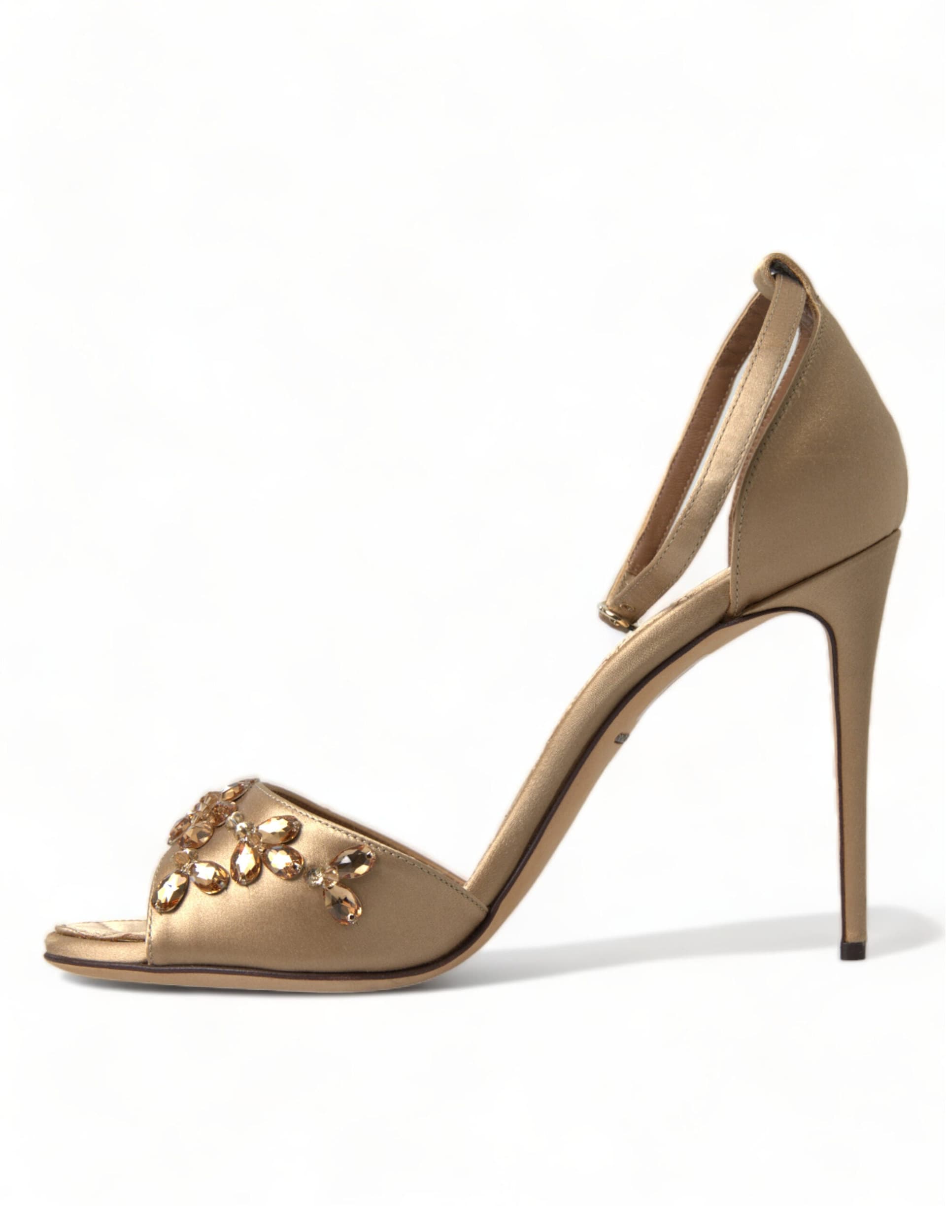 Dolce & Gabbana Gold Satin Ankle Strap Crystal Sandals Shoes - 7