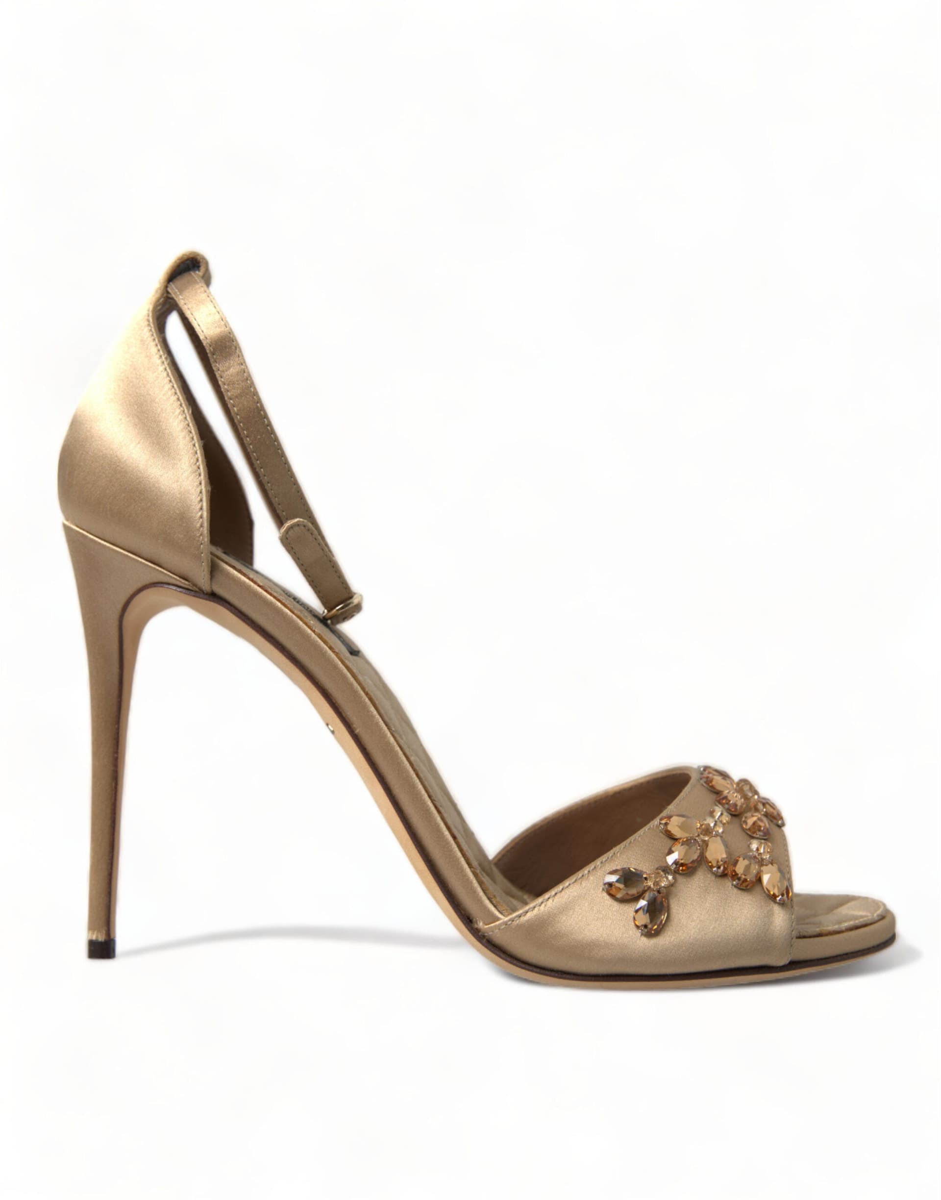 Dolce & Gabbana Gold Satin Ankle Strap Crystal Sandals Shoes - 8