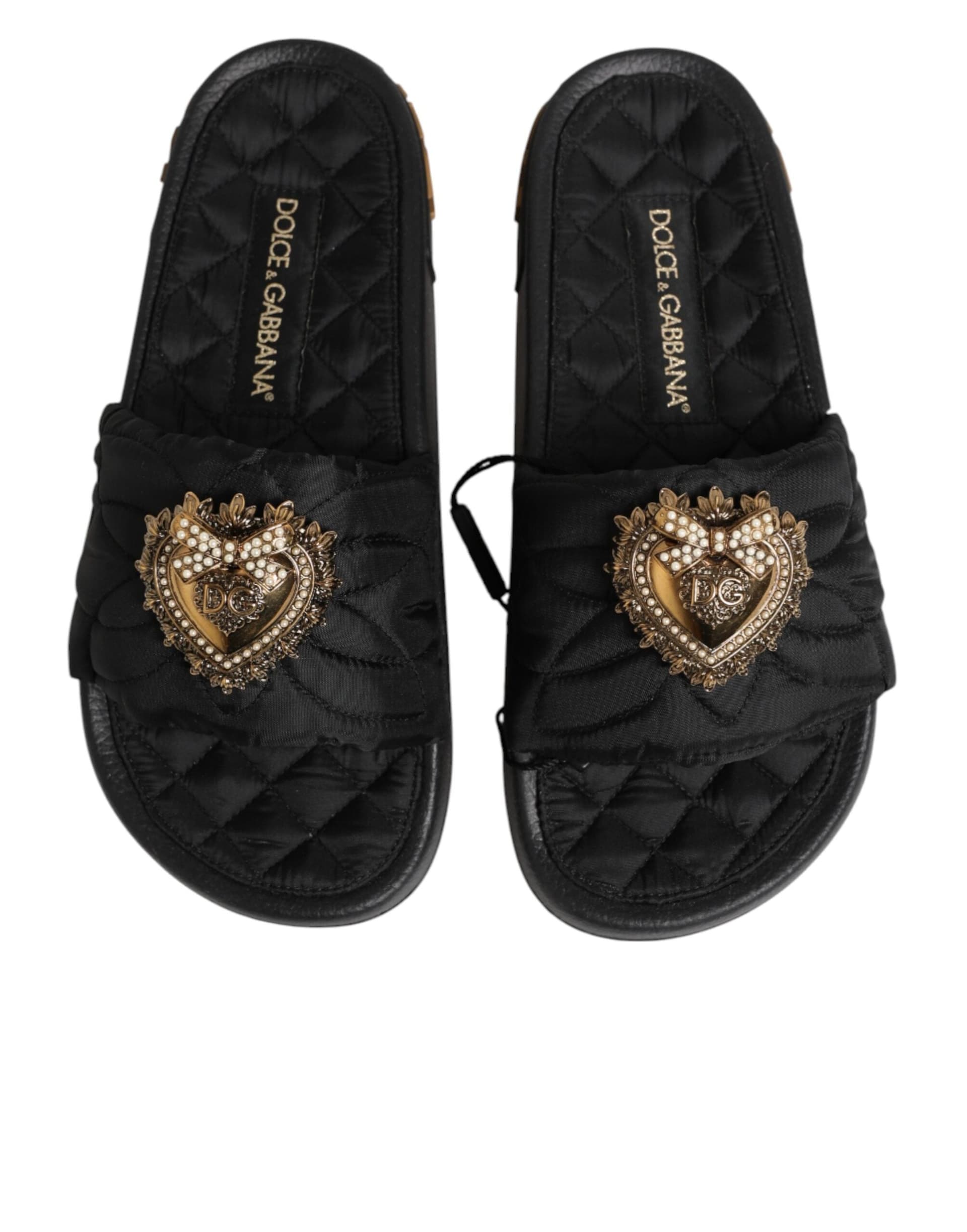 Dolce & Gabbana Black Devotion Matelassé Leather Slides Shoes - 8