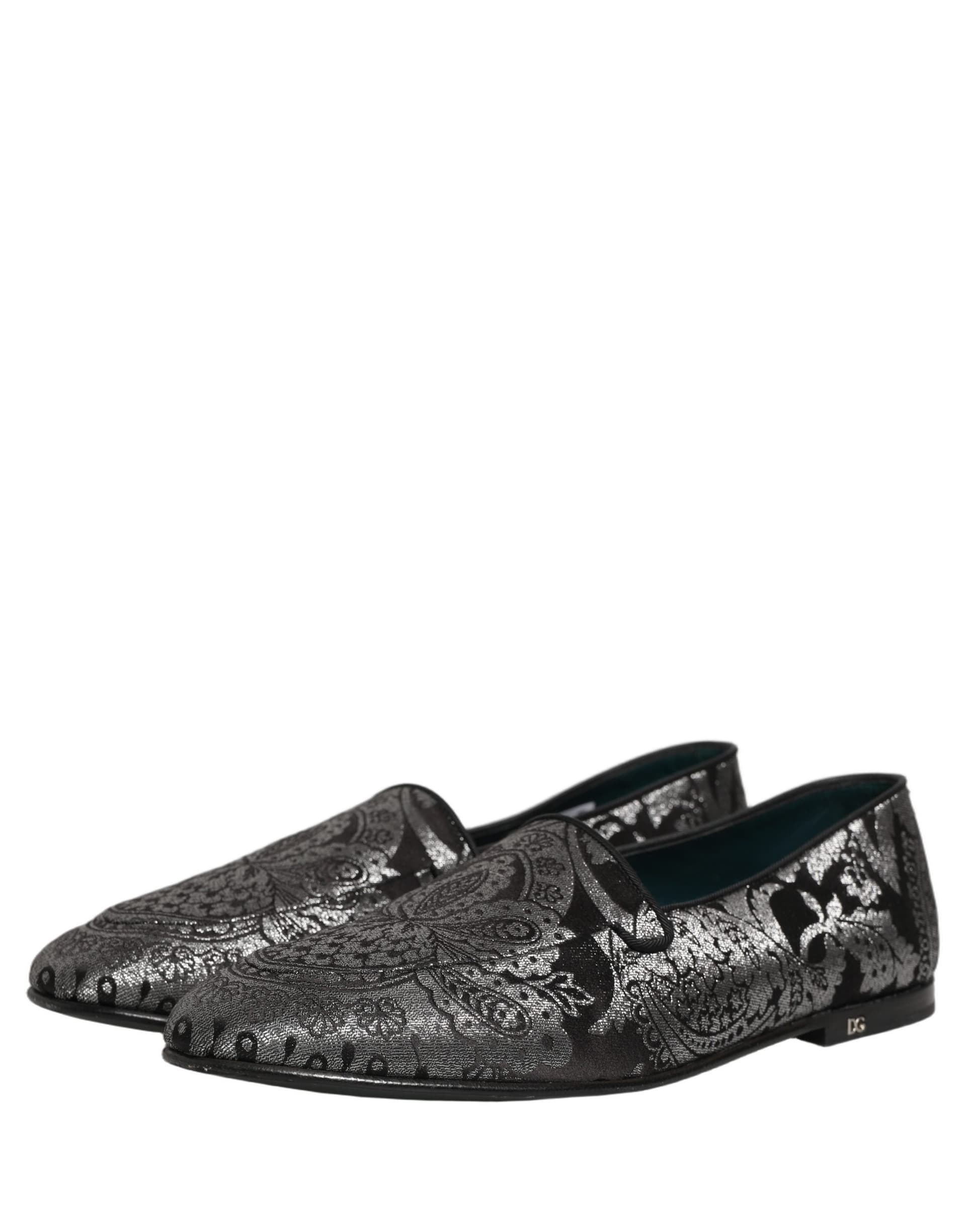 Dolce & Gabbana Silver Jacquard Leather Slip On Loafers Shoes - 4