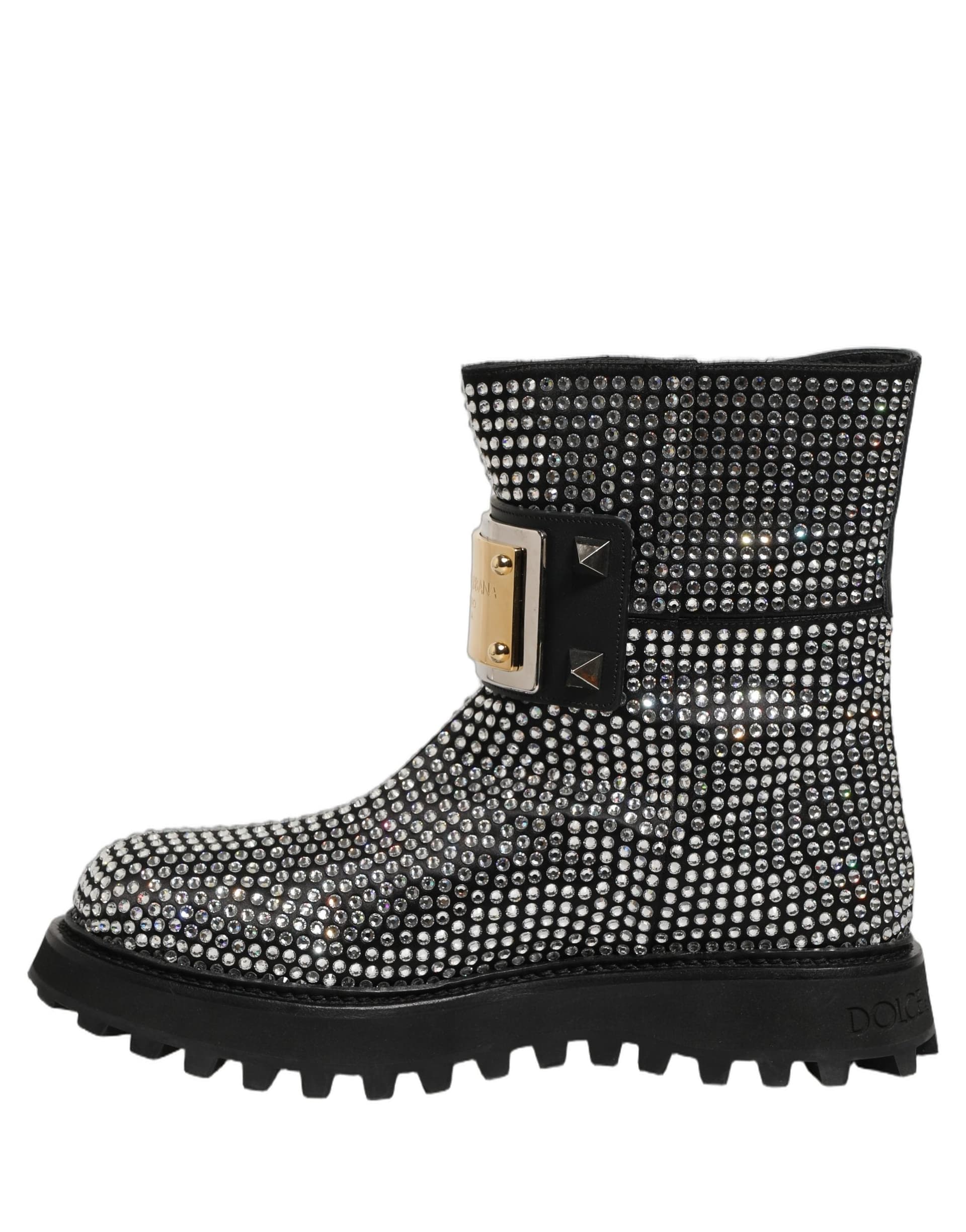 Dolce & Gabbana Black Crystal Embellished Short Boots Shoes - 2