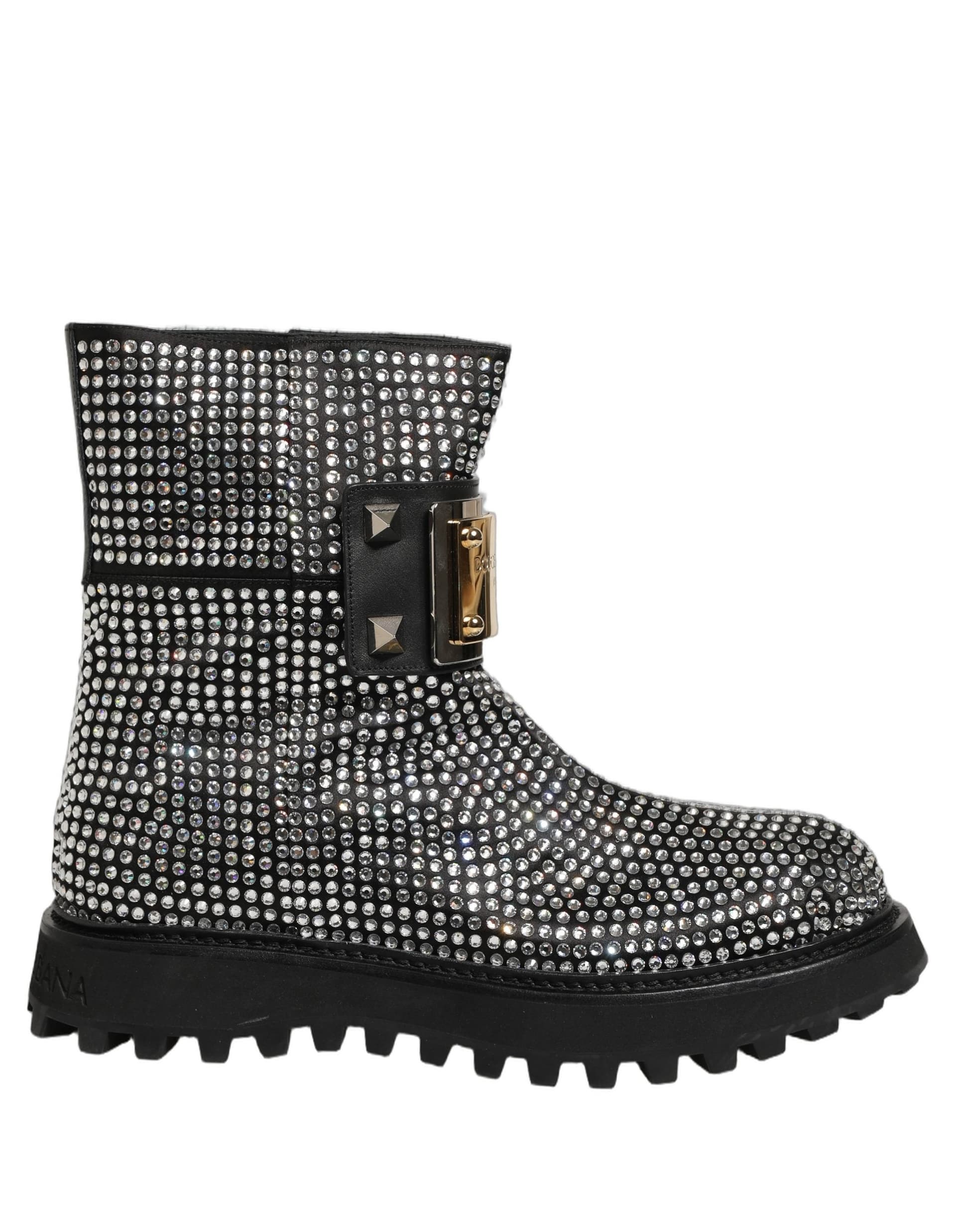 Dolce & Gabbana Black Crystal Embellished Short Boots Shoes - 3