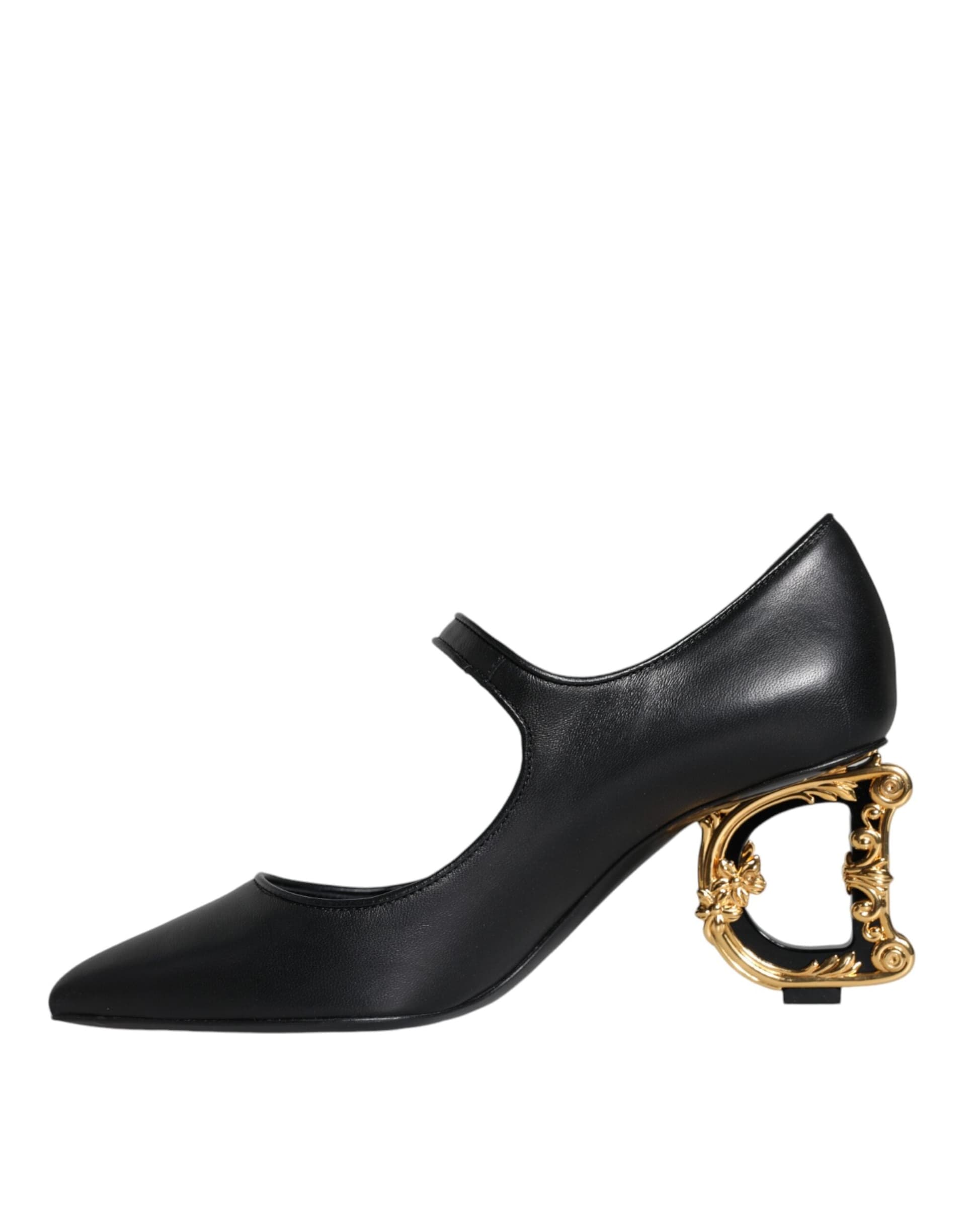 Dolce & Gabbana Black Leather Logo Heels Mary Janes Pumps Shoes - 7