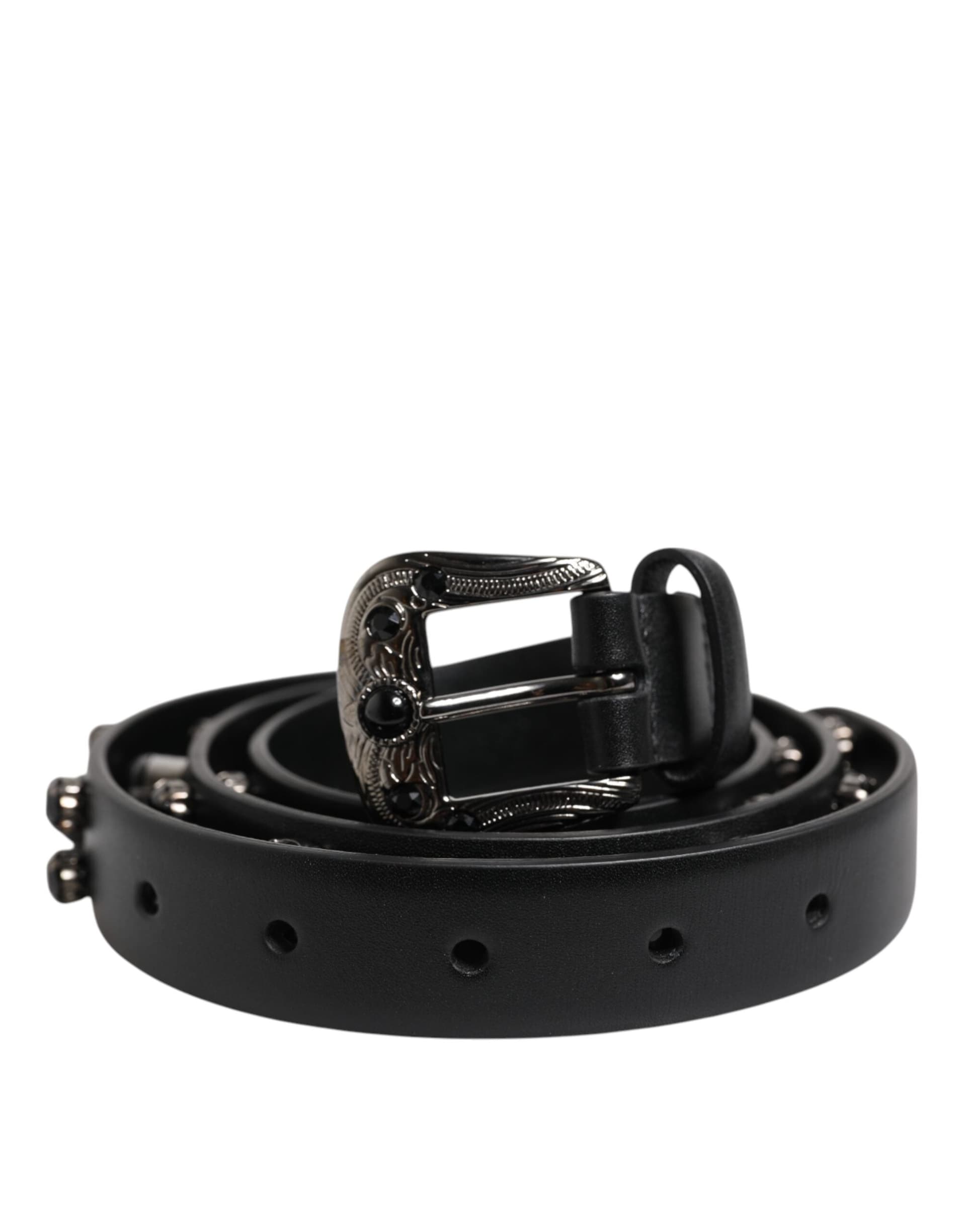 Dolce & Gabbana Black Studded Leather Metal Logo Buckle Belt - 2