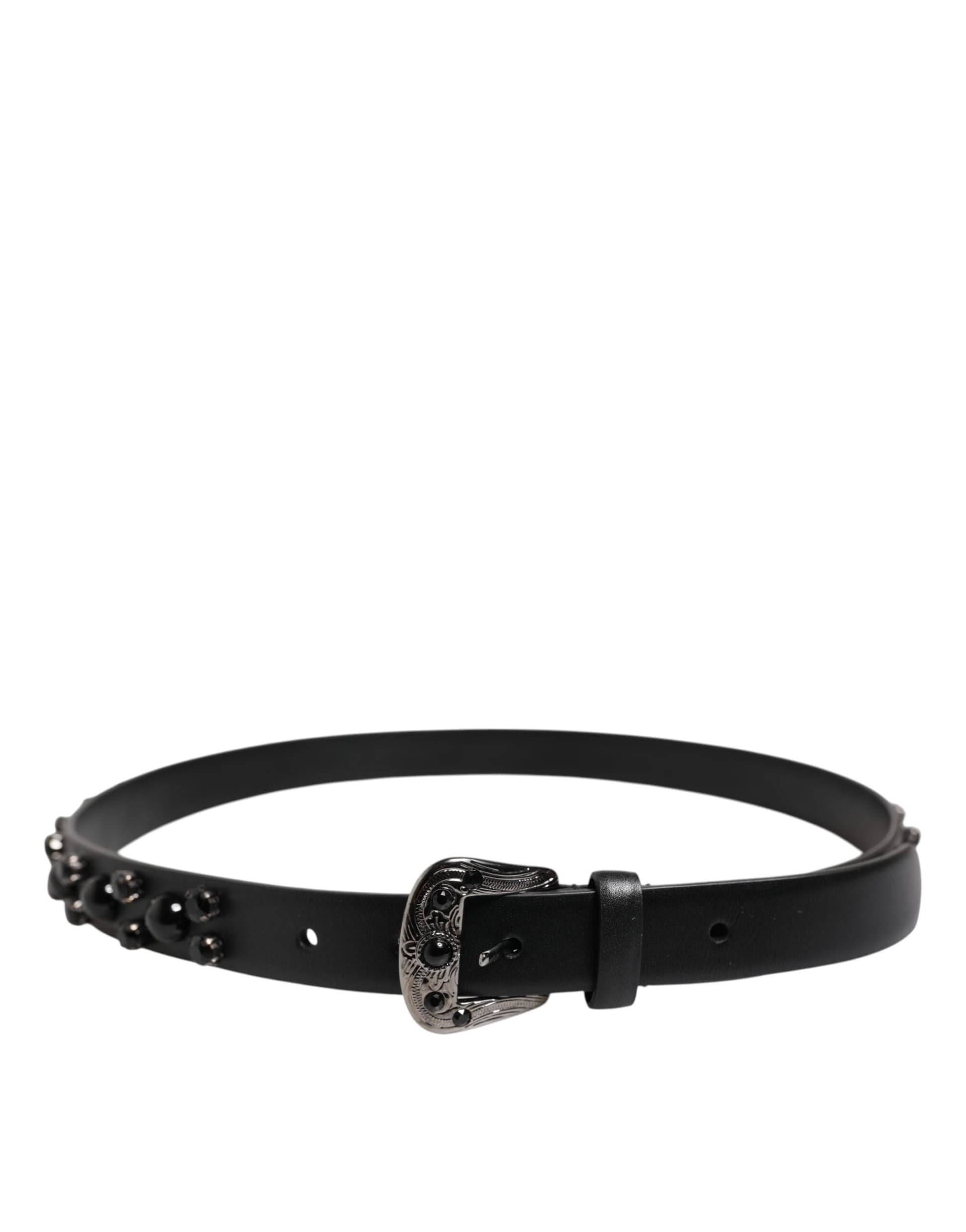 Dolce & Gabbana Black Studded Leather Metal Logo Buckle Belt - 3