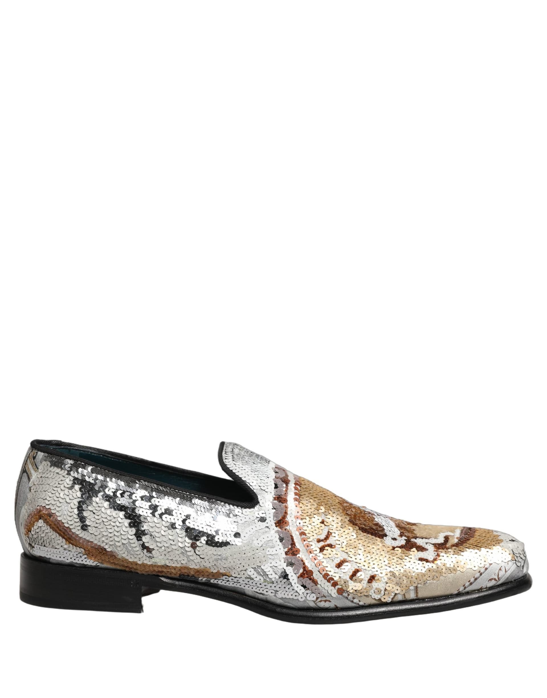 Dolce & Gabbana White Gold Sequined Slip On Loafers Shoes - 2