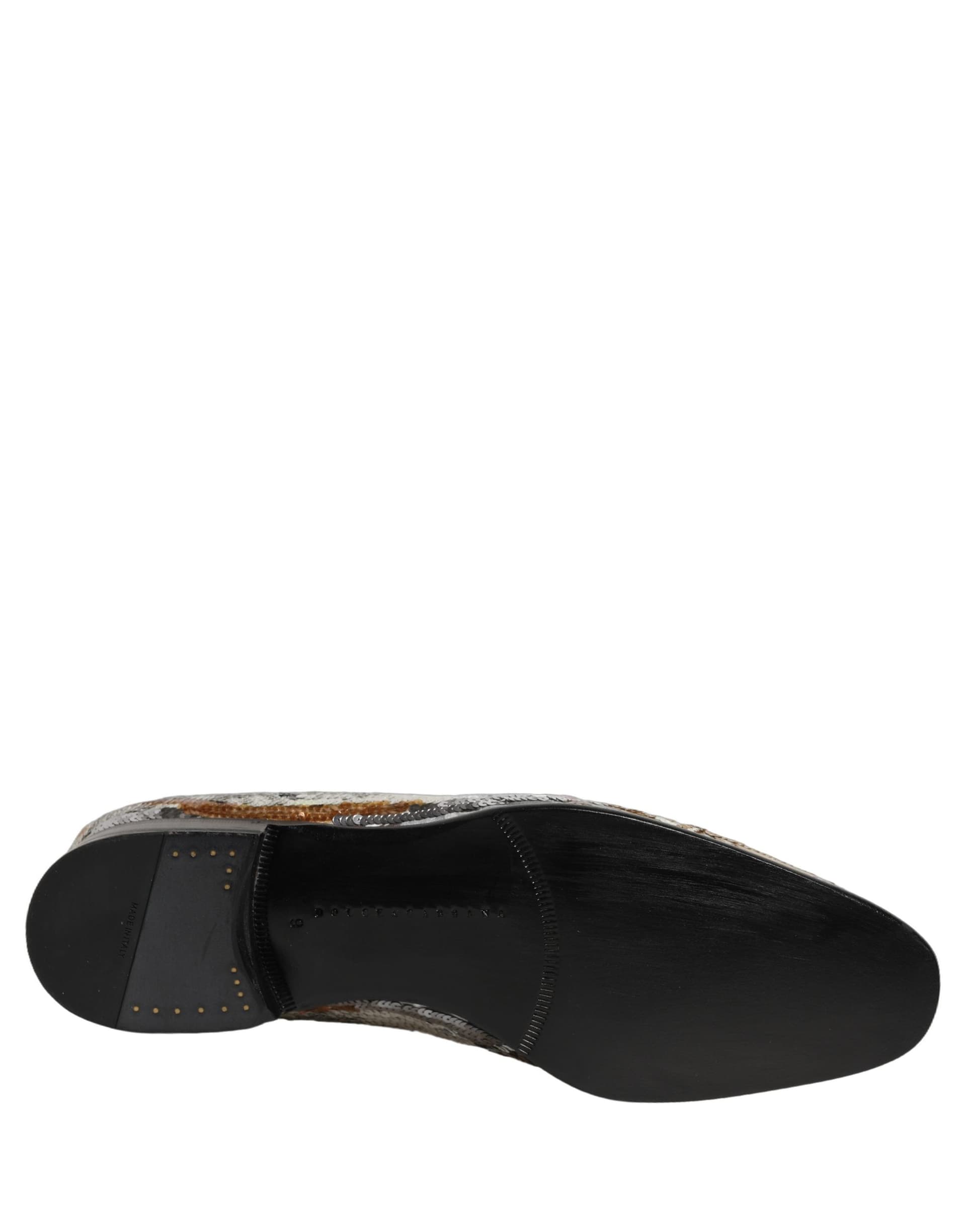 Dolce & Gabbana White Gold Sequined Slip On Loafers Shoes - 3