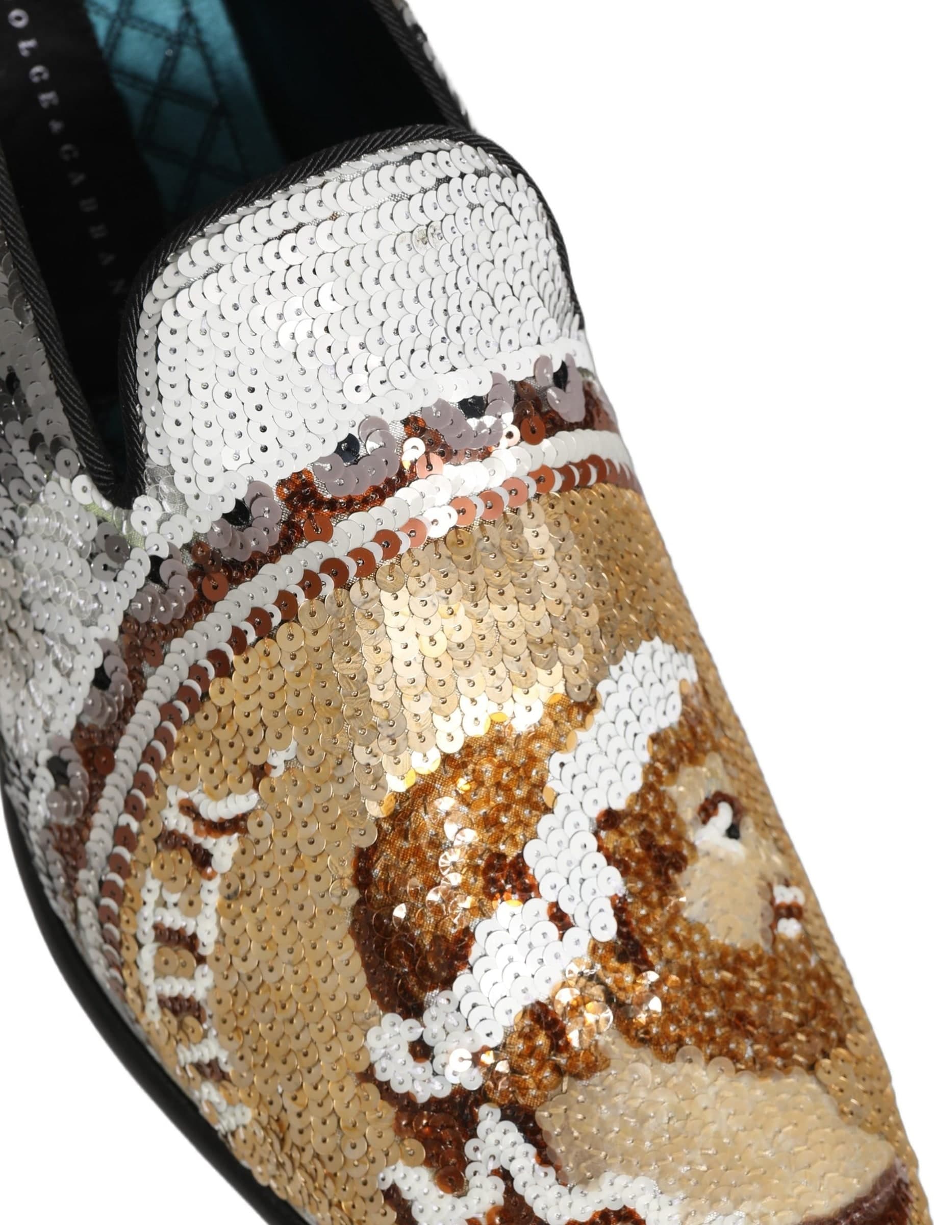 Dolce & Gabbana White Gold Sequined Slip On Loafers Shoes - 4