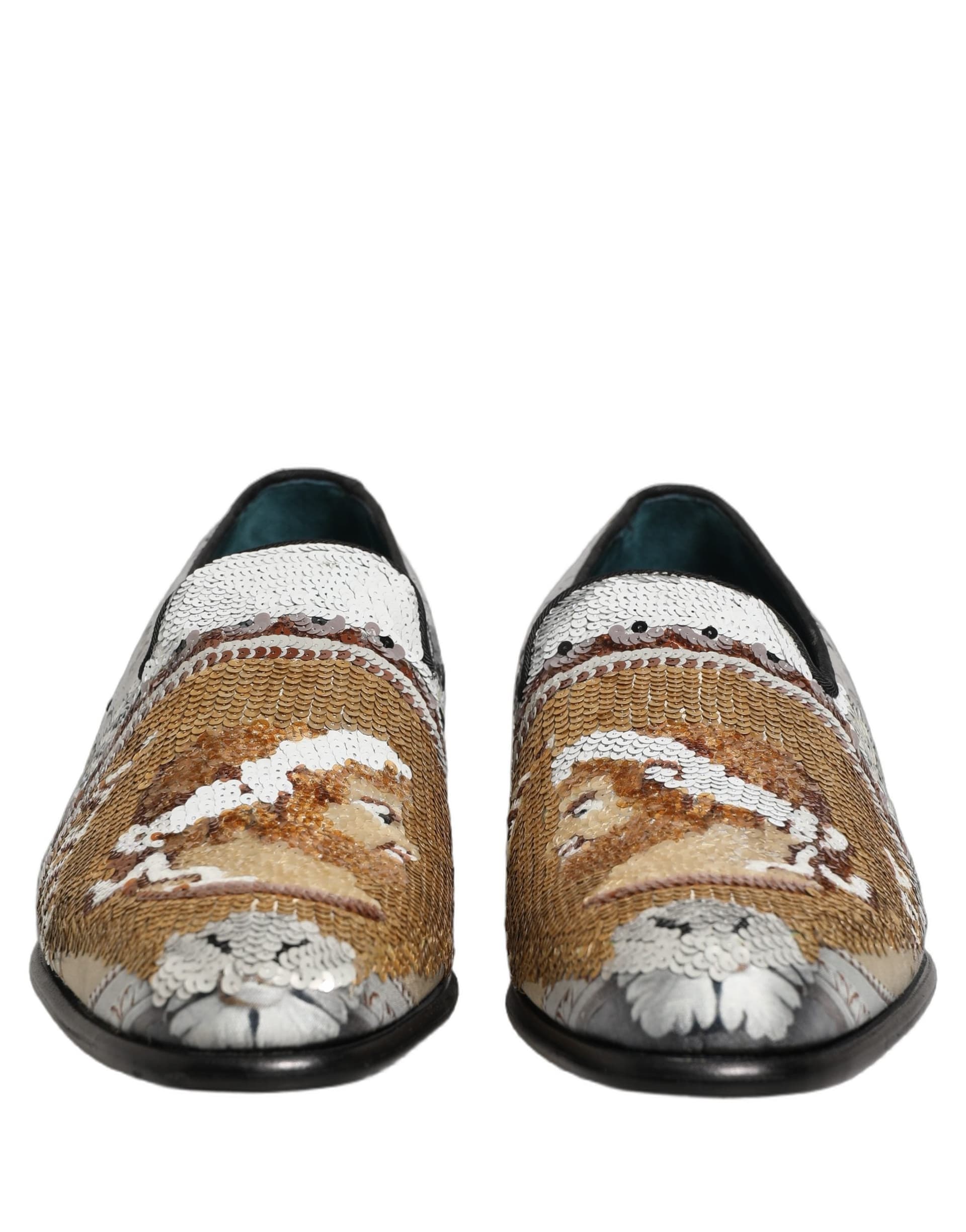Dolce & Gabbana White Gold Sequined Slip On Loafers Shoes - 5