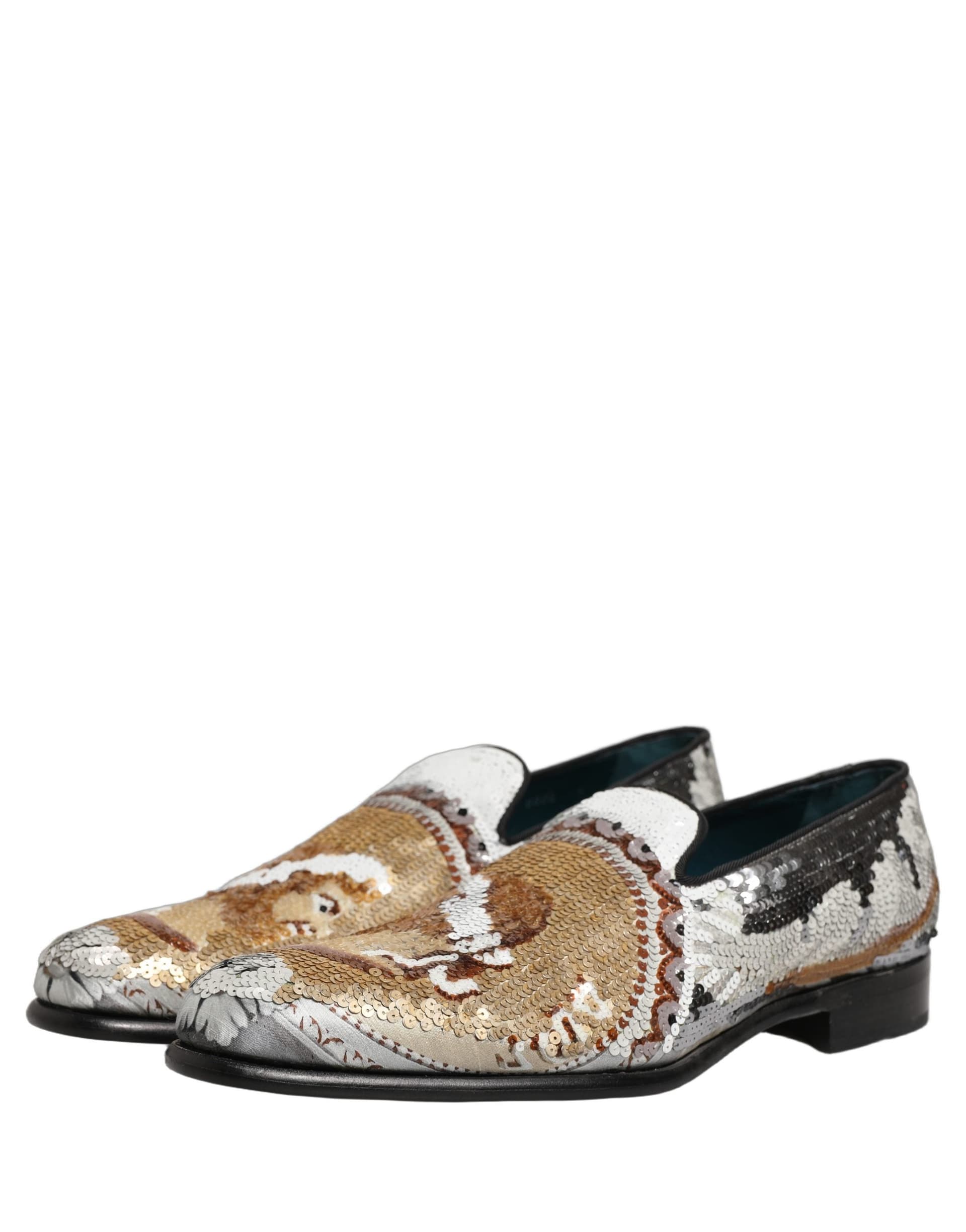 Dolce & Gabbana White Gold Sequined Slip On Loafers Shoes - 7
