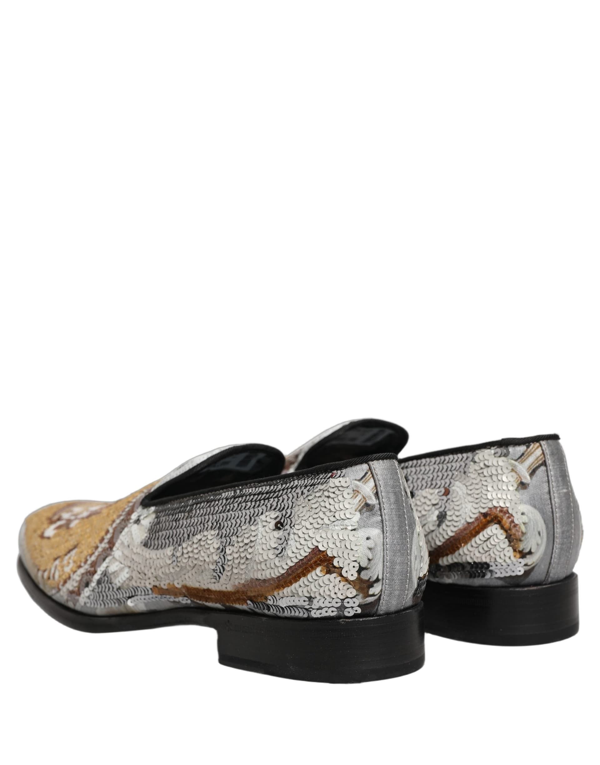 Dolce & Gabbana White Gold Sequined Slip On Loafers Shoes - 8