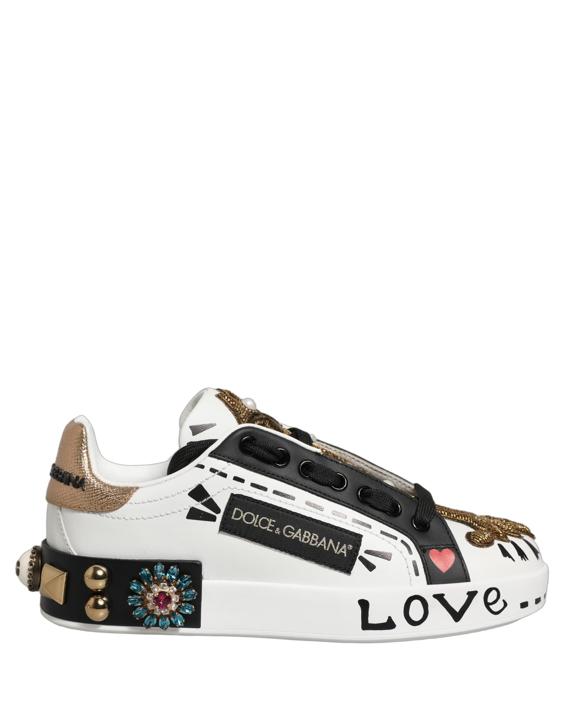 Dolce & Gabbana White Gold Studded Portofino Sneakers Shoes - 3