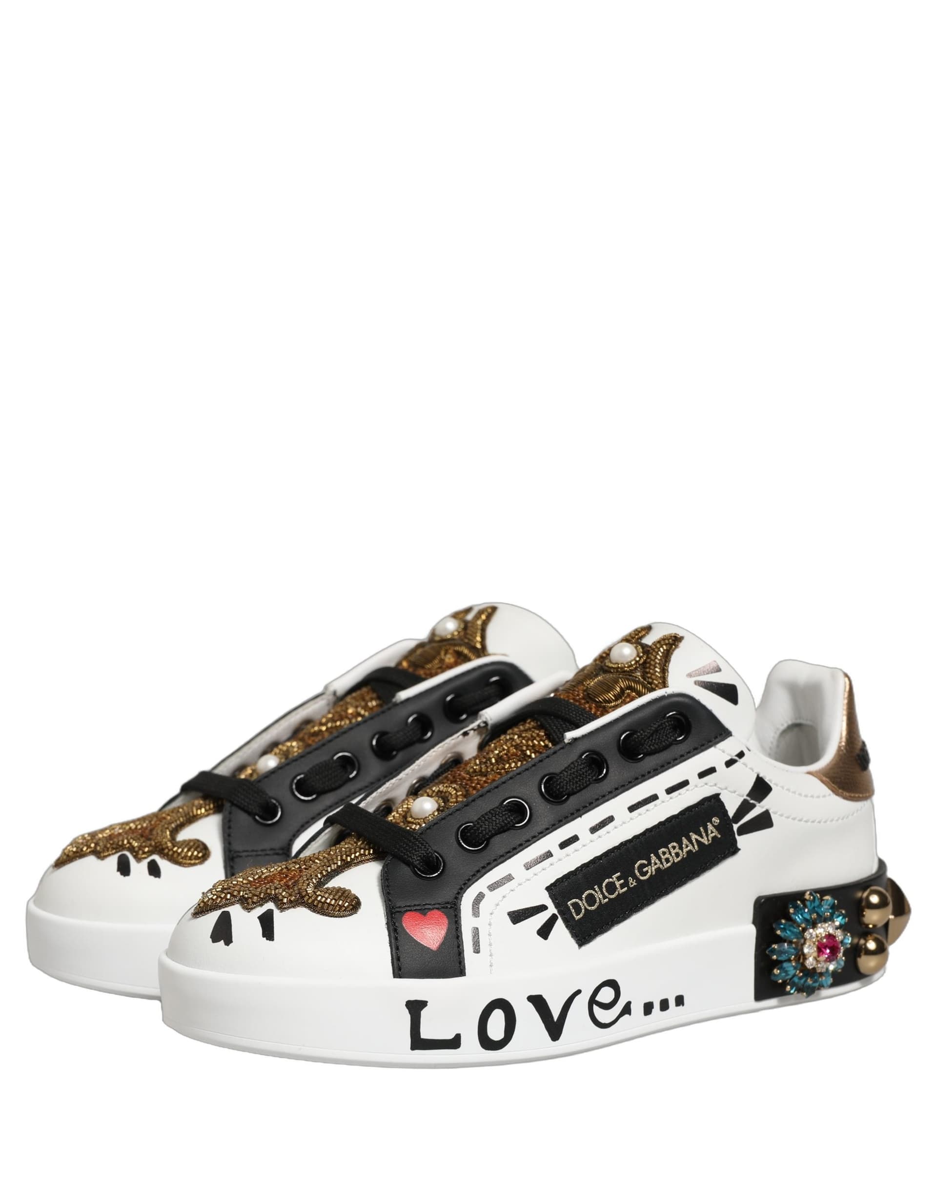 Dolce & Gabbana White Gold Studded Portofino Sneakers Shoes - 8