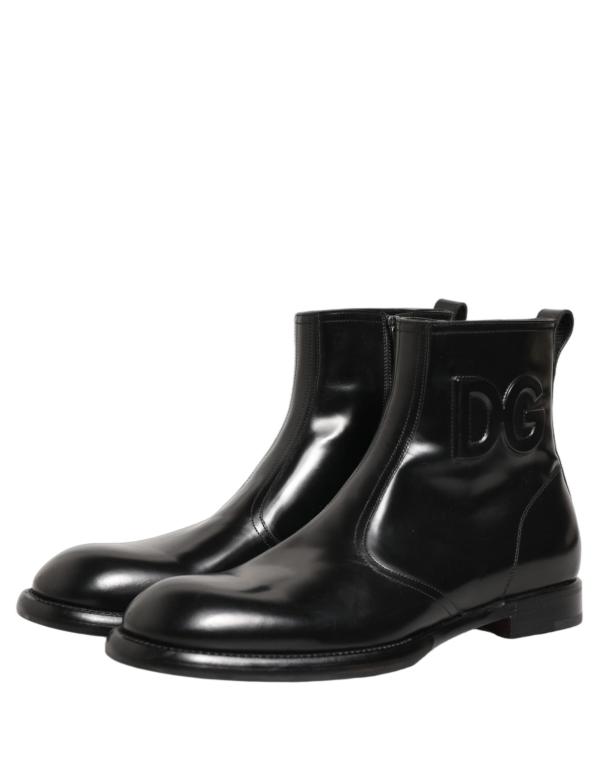 Dolce & Gabbana Black Leather Embossed Logo Ankle Boots Shoes - 4