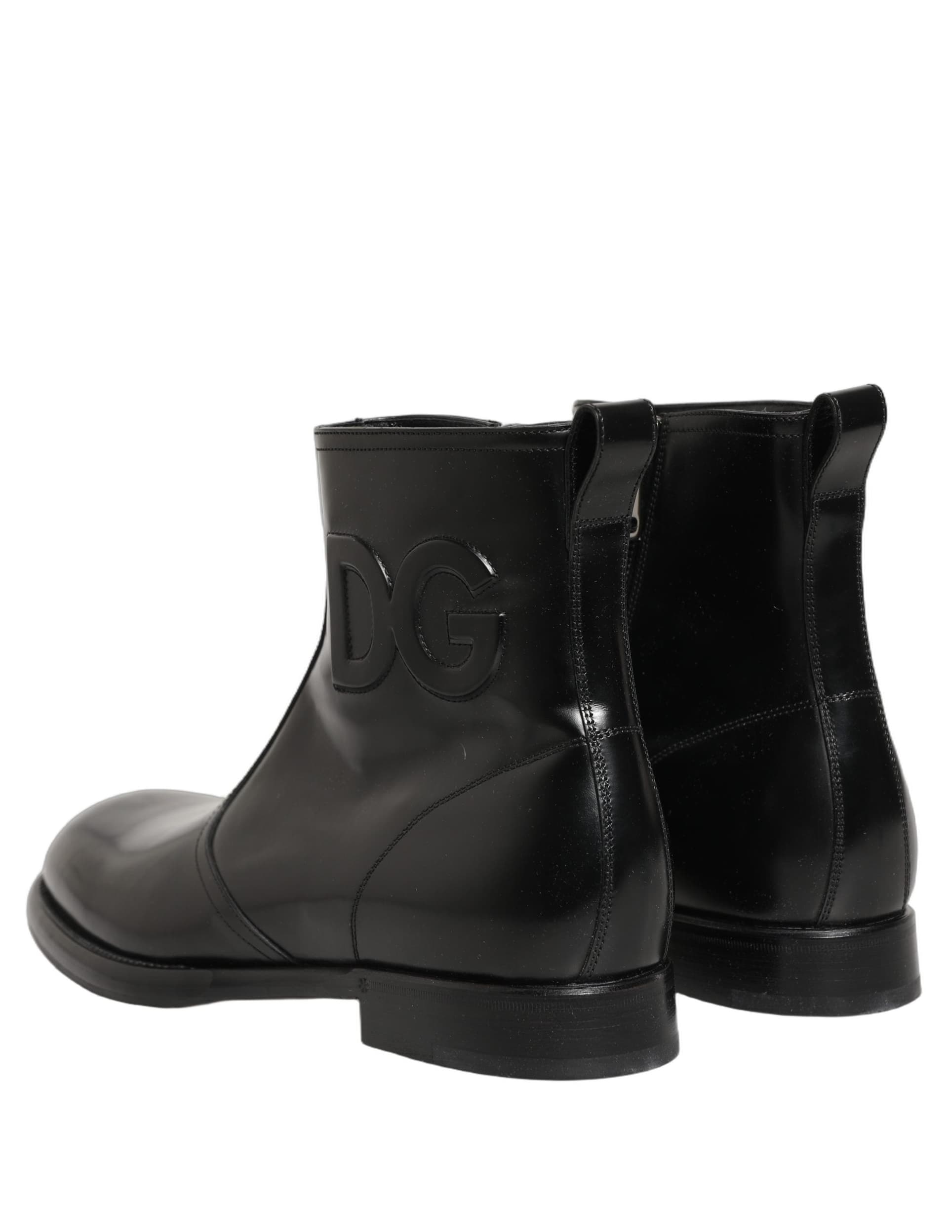 Dolce & Gabbana Black Leather Embossed Logo Ankle Boots Shoes - 5