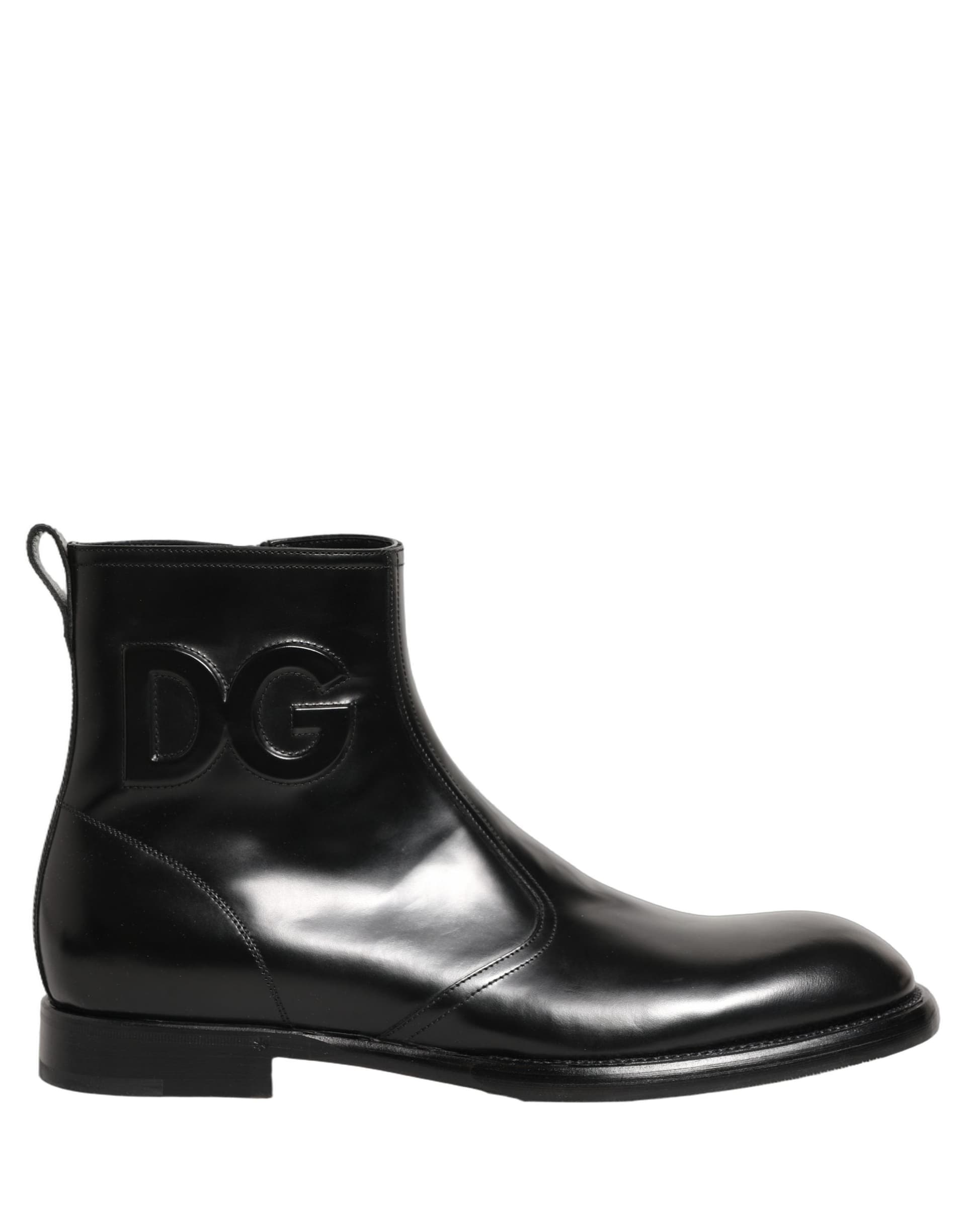 Dolce & Gabbana Black Leather Embossed Logo Ankle Boots Shoes - 8