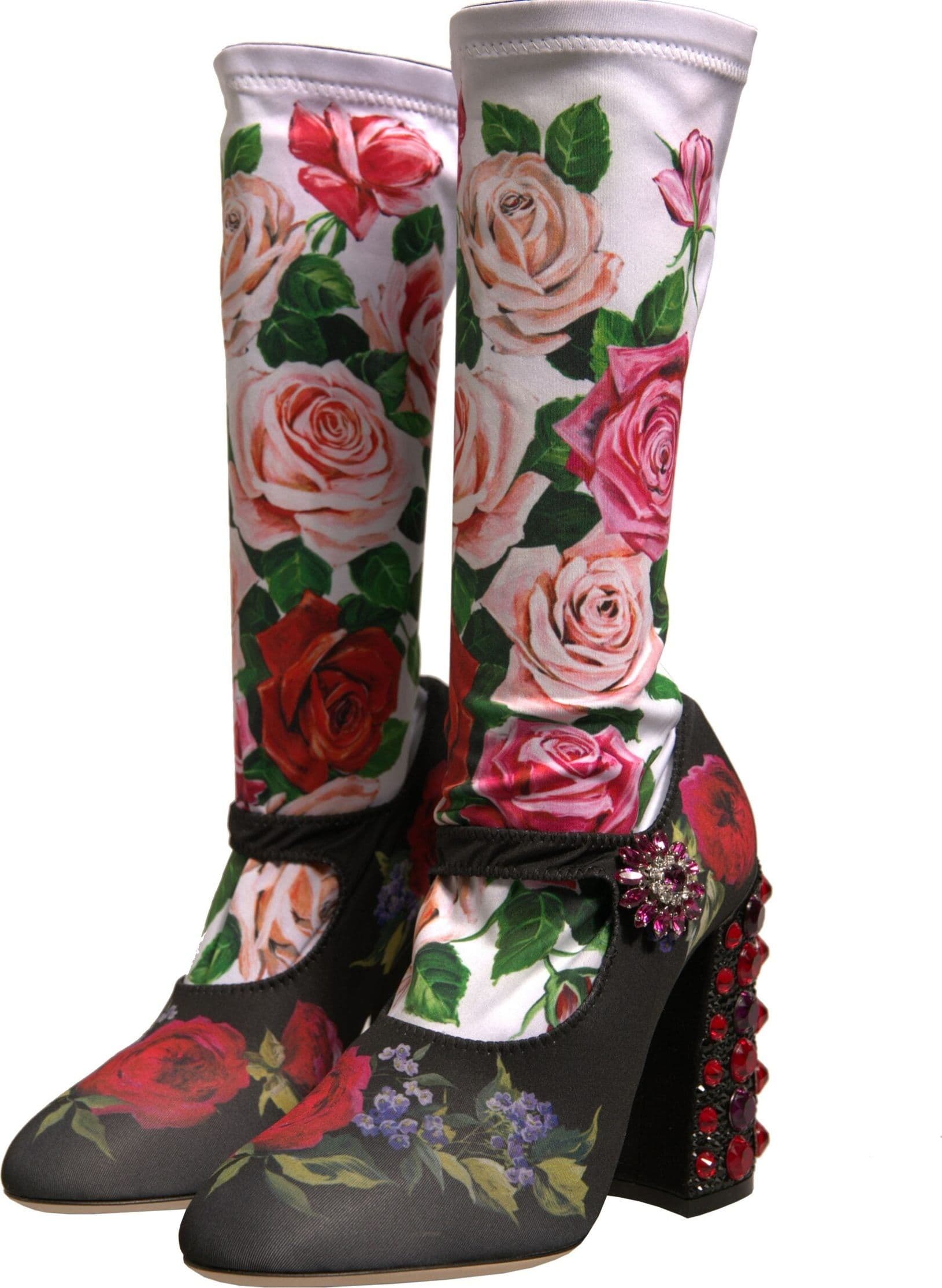 Dolce & Gabbana Black Floral Socks Crystal Boots Jersey Shoes - 2