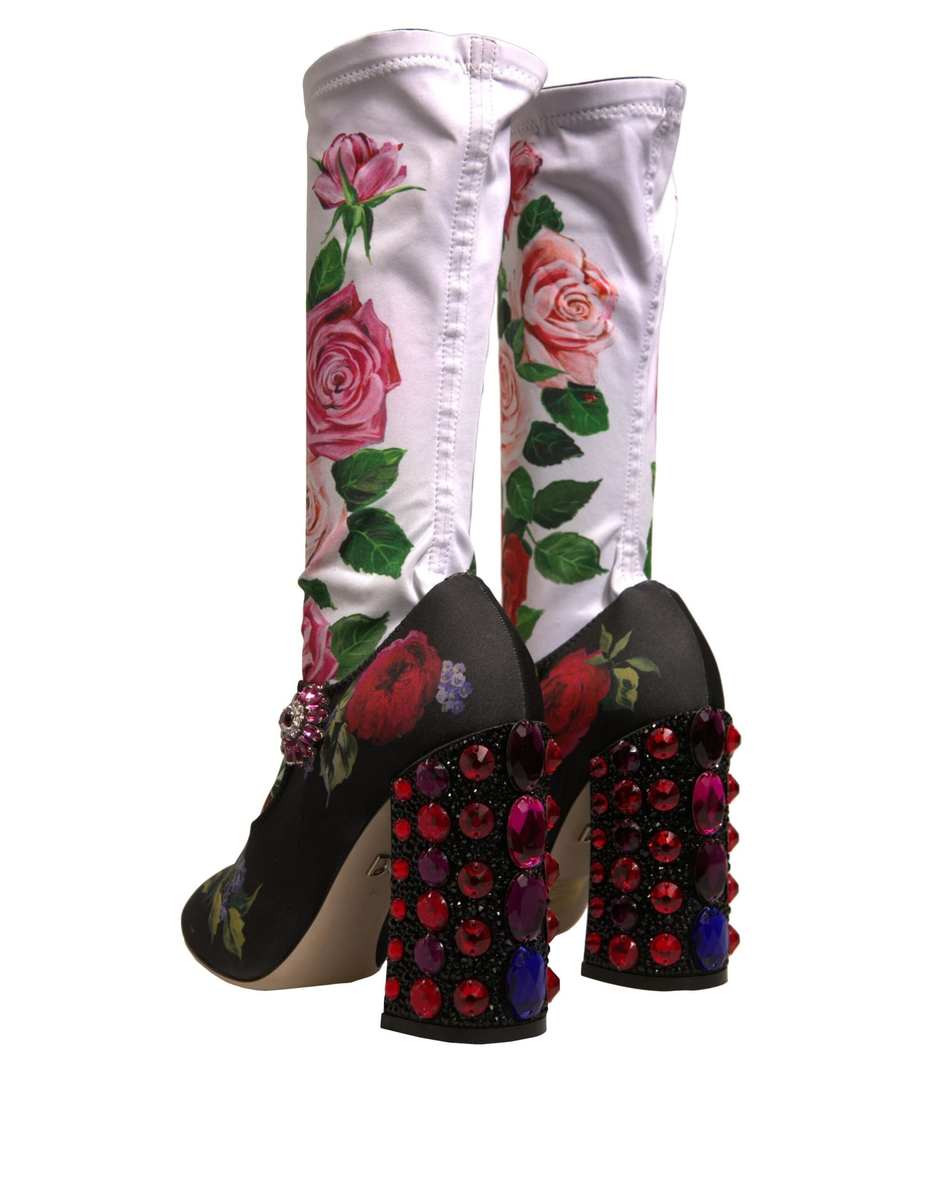 Dolce & Gabbana Black Floral Socks Crystal Boots Jersey Shoes - 3