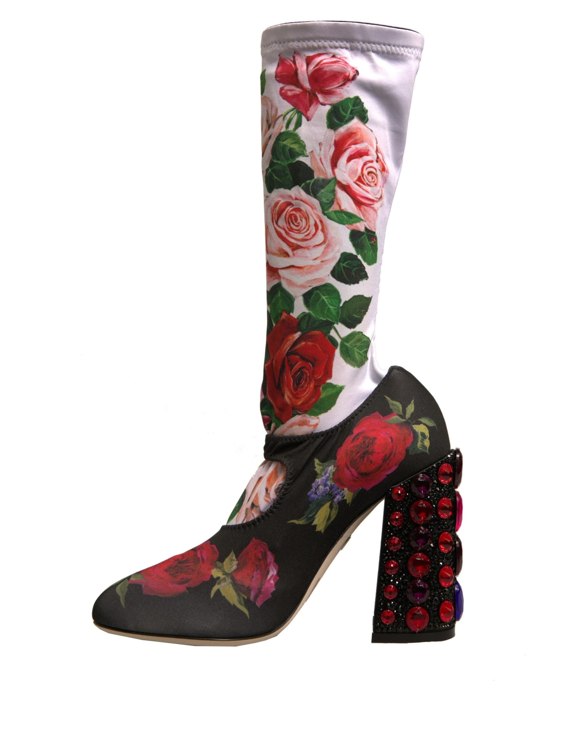 Dolce & Gabbana Black Floral Socks Crystal Boots Jersey Shoes - 4